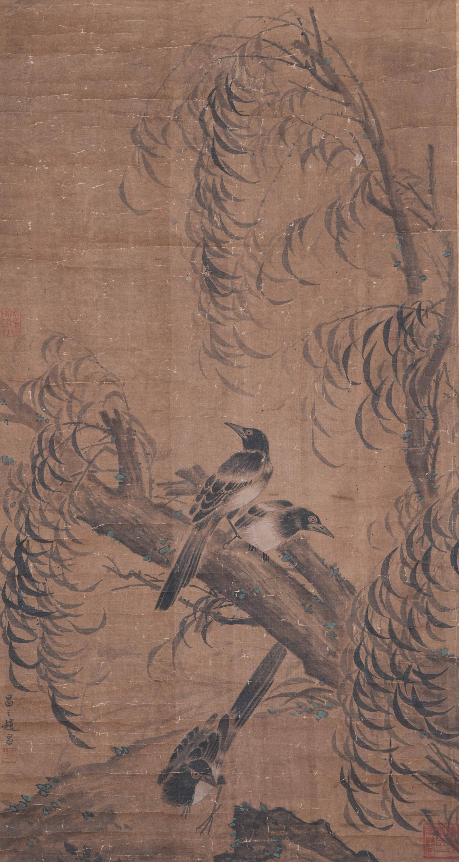 A DOUBLE BIRDS PAINTING ON SILK BY ZHAO CHANG.趙昌: Double Birds Painting on Silk by Zhao Chang.趙昌