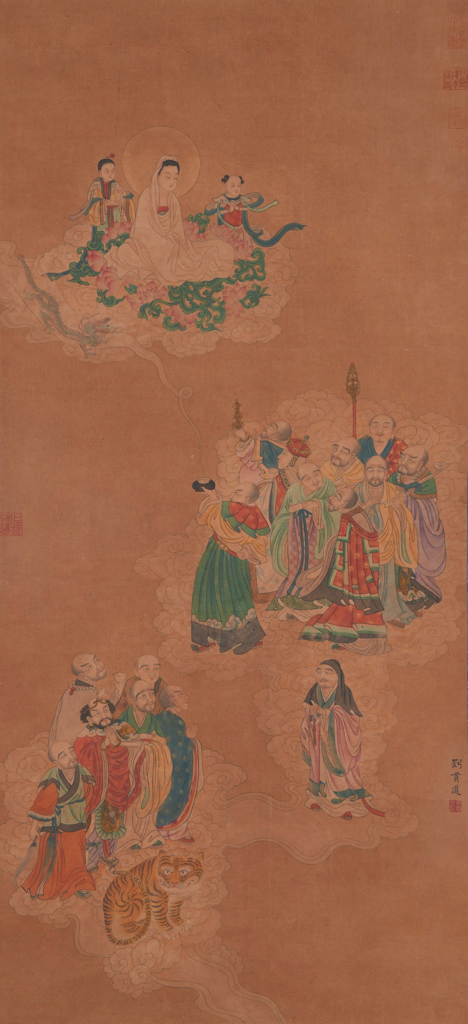 A ARHAT AND GUANYIN PAINTING ON SILK BY LIU GUANDAO.劉貫道: Arhat and Guanyin Painting on Silk by Liu Guandao.劉貫道