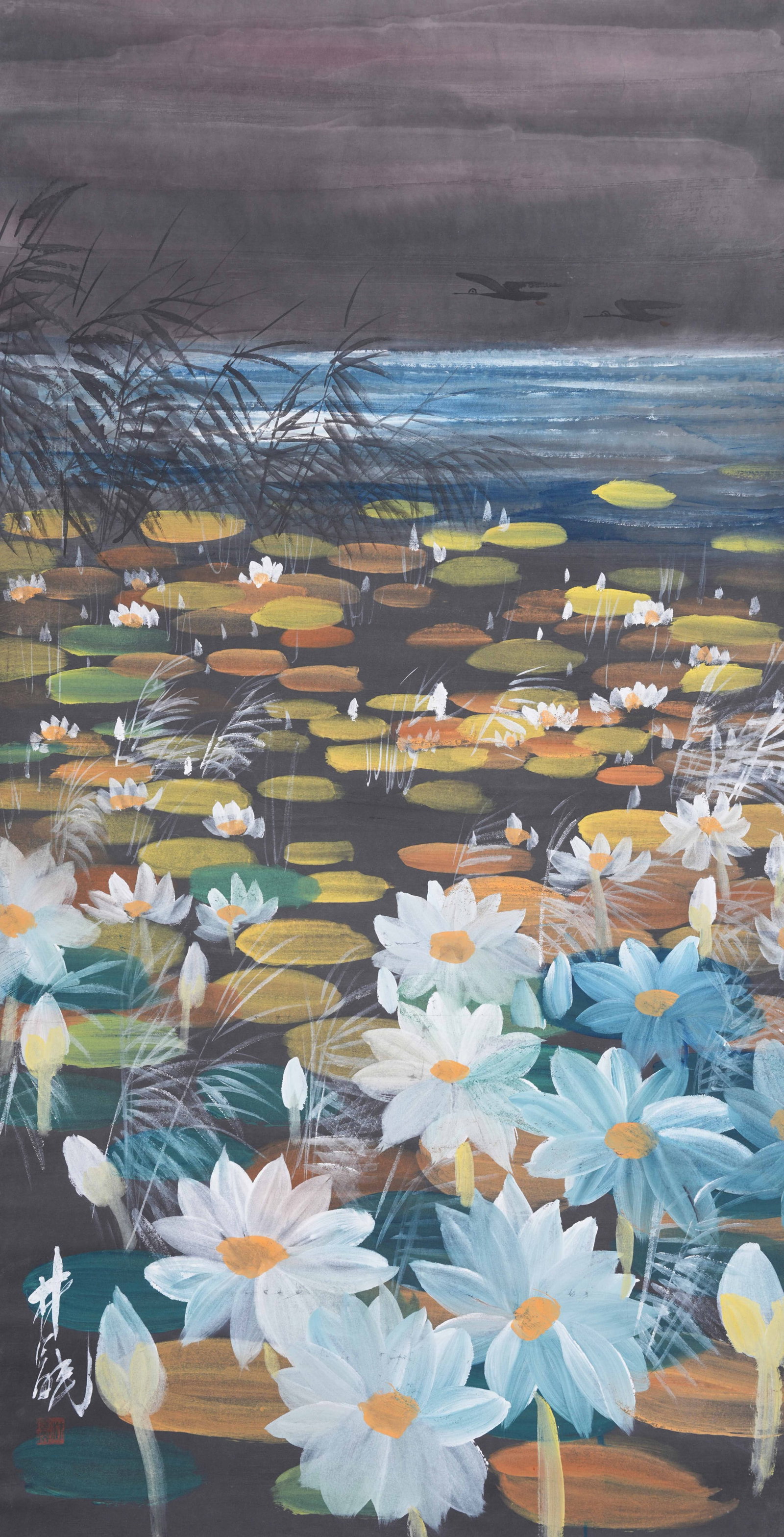 A LOTUS PAINTING ON PAPER BY LIN FENGMIAN.林風眠: Lotus Painting on Paper by Lin Fengmian.林風眠