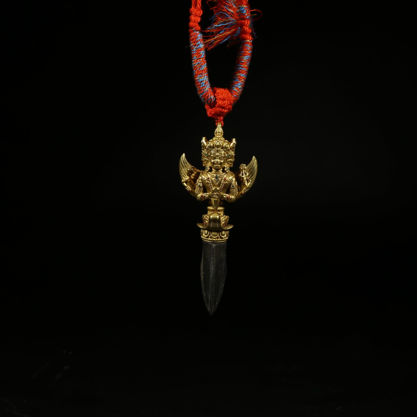 A GILT-BRONZE PHURBA RITUAL DAGGER (VAJRAKILA): Gilt-Bronze Phurba Ritual Dagger (Vajrakila)