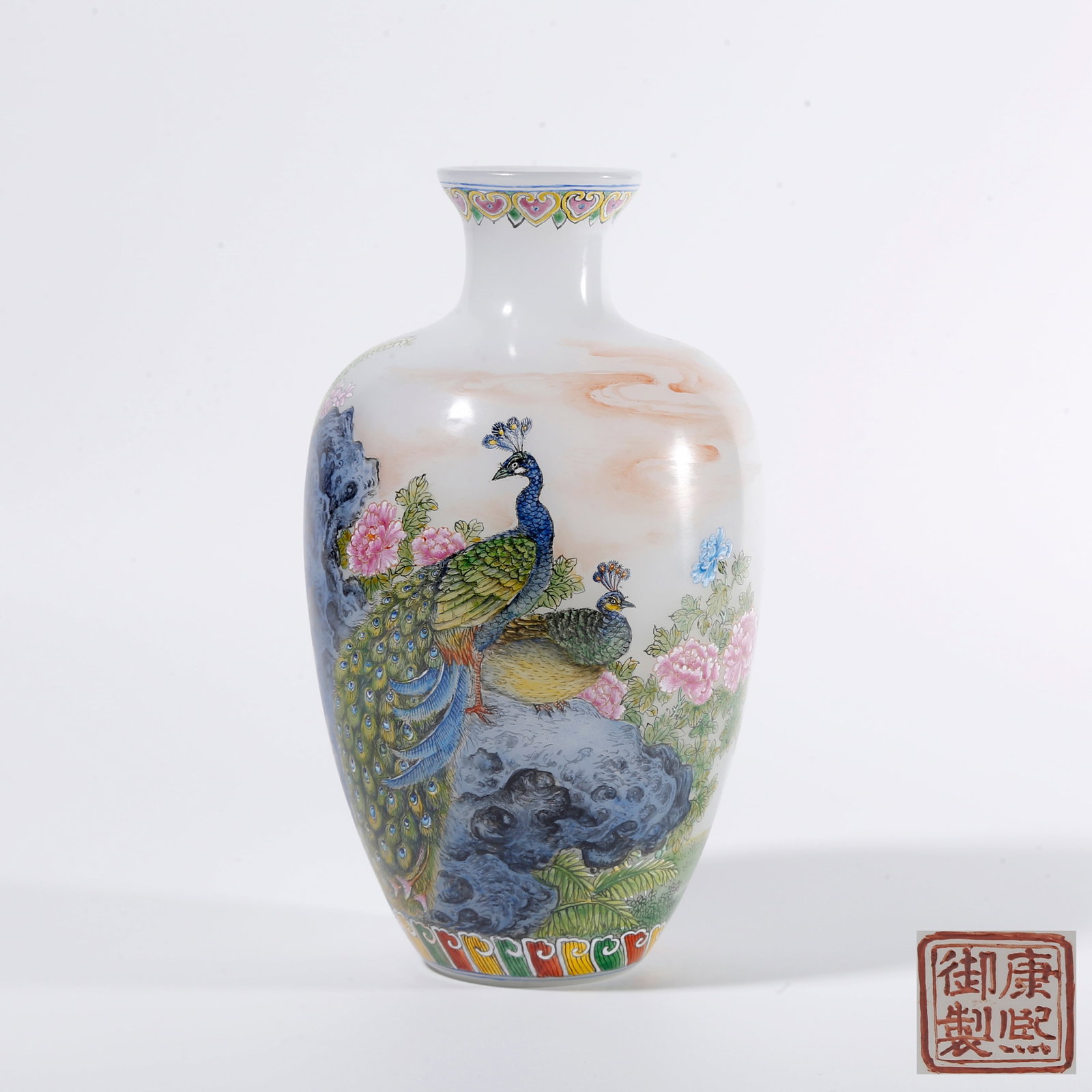 A GLASS ENAMEL VASE WITH ROCKERY, FLOWER AND PEACOCK PATTERN: Glass Enamel Vase with Rockery, Flower and Peacock Pattern