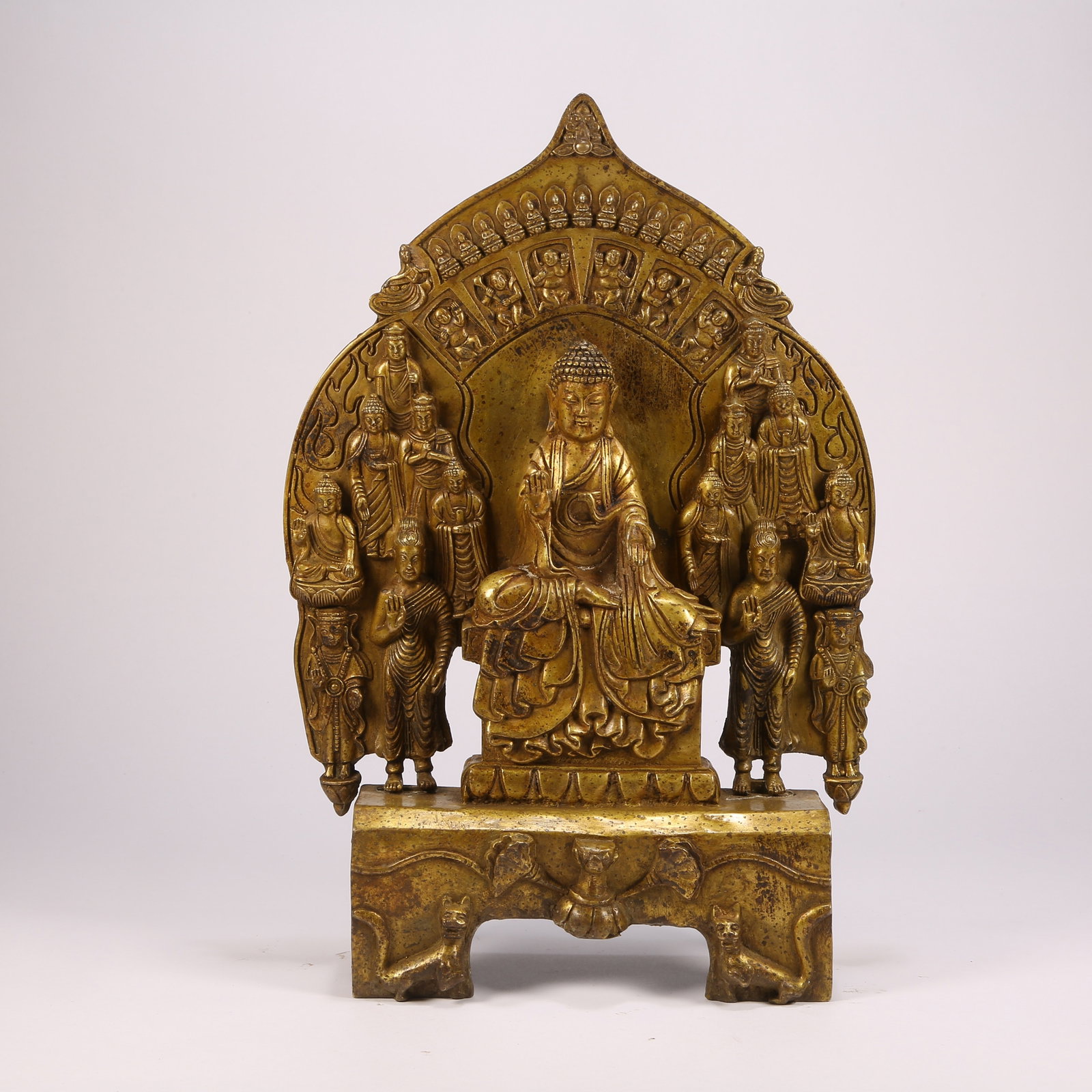 A GILT BRONZE BUDDHA PREACHING FIGURE: Gilt bronze Buddha preaching figure