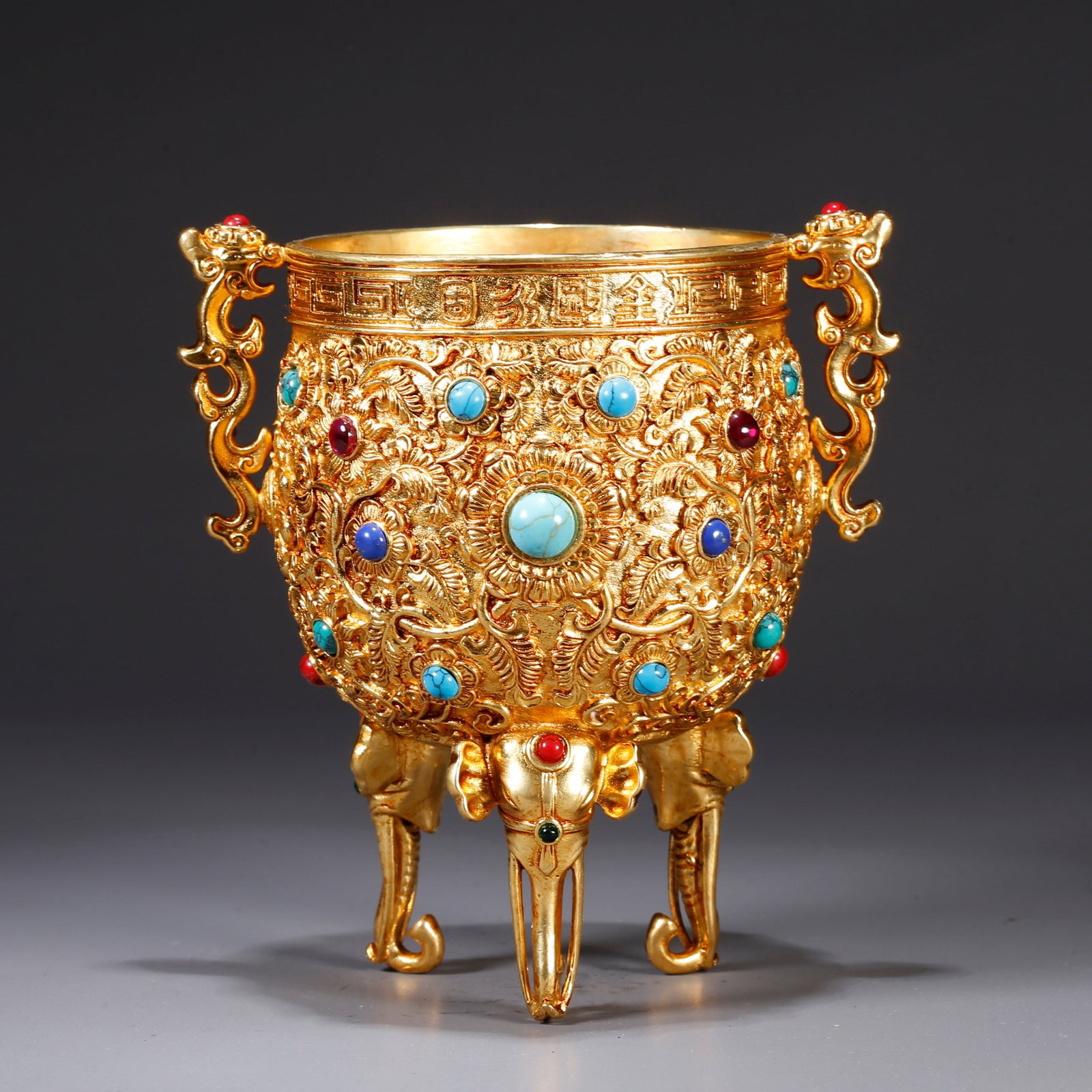 A GILT BRONZE DOUBLE-HANDLED CUP WITH ENTWINED FLORAL DESIGN (1 of 10)