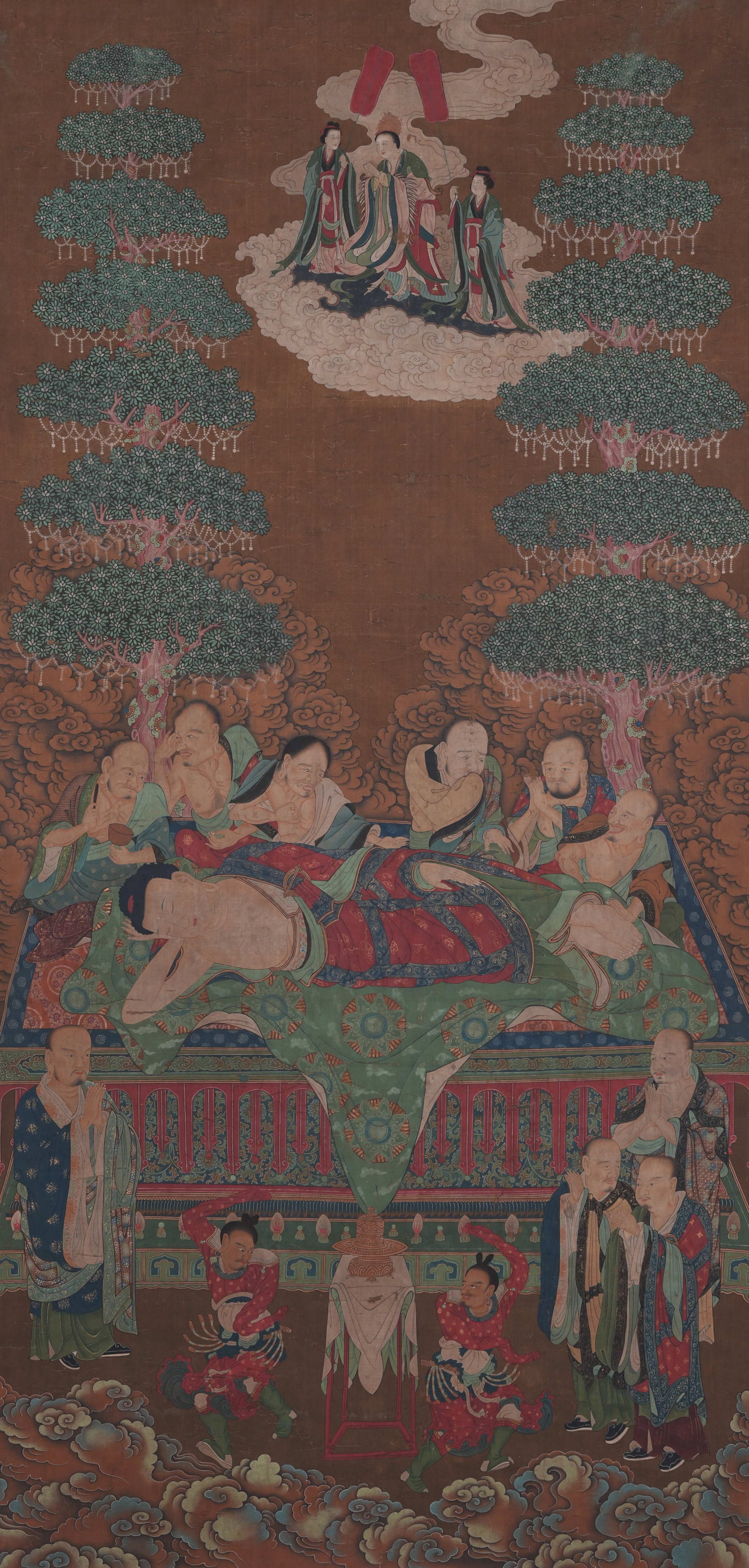 A SAKYAMUNI NIRVANA PAINTING ON SILK BY ANONYMOUS.: Sakyamuni Nirvana Painting on Silk by Anonymous.