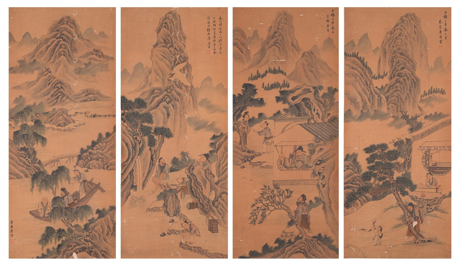A LANDSCAPE AND FIGURE PAINTING ON PAPER BY TANG BOHU.唐伯虎: Landscape and Figure Painting on Paper by Tang Bohu.唐伯虎