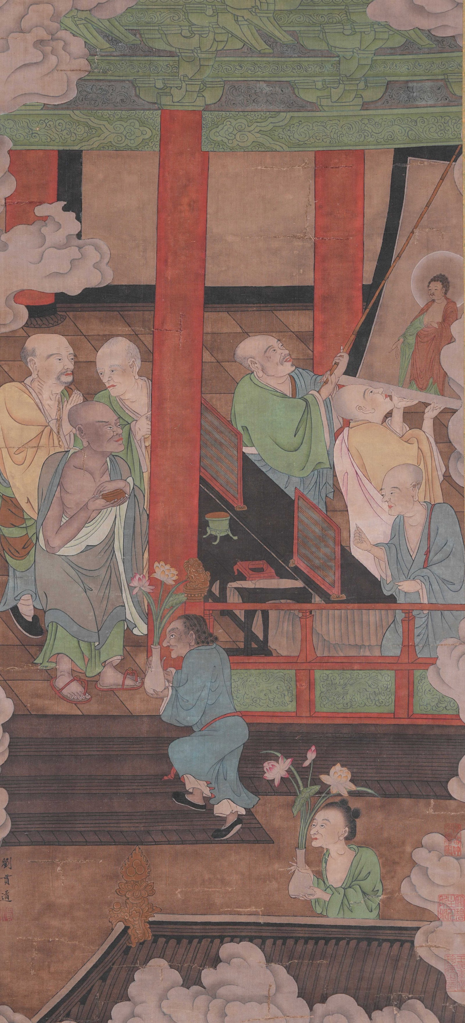 A ARHAT PAINTING ON SILK BY LIU GUANDAO.劉貫道: Arhat Painting on Silk by Liu Guandao.劉貫道