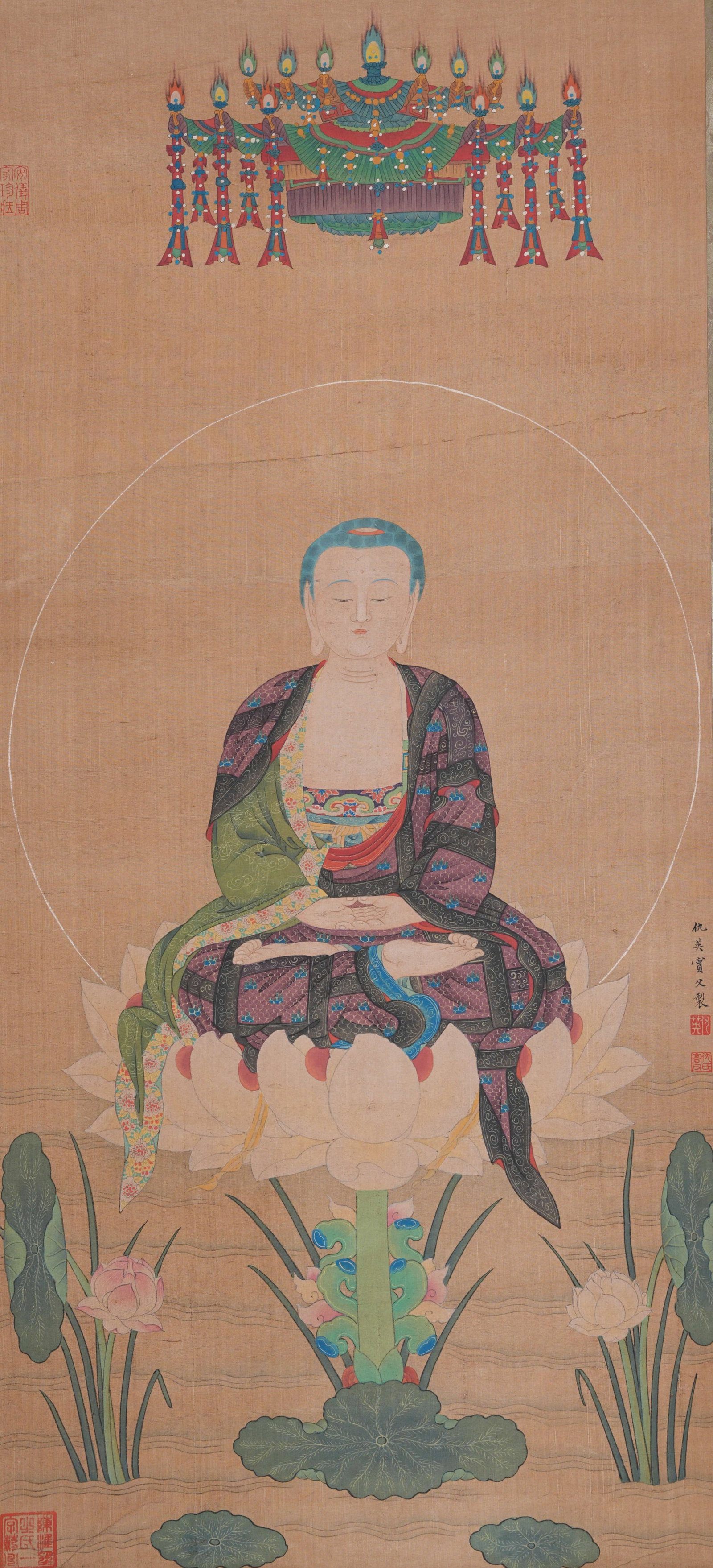 A BUDDHA STATUE PAINTING ON SILK BY QIU YING.仇英: Buddha Statue Painting on Silk by Qiu Ying.仇英