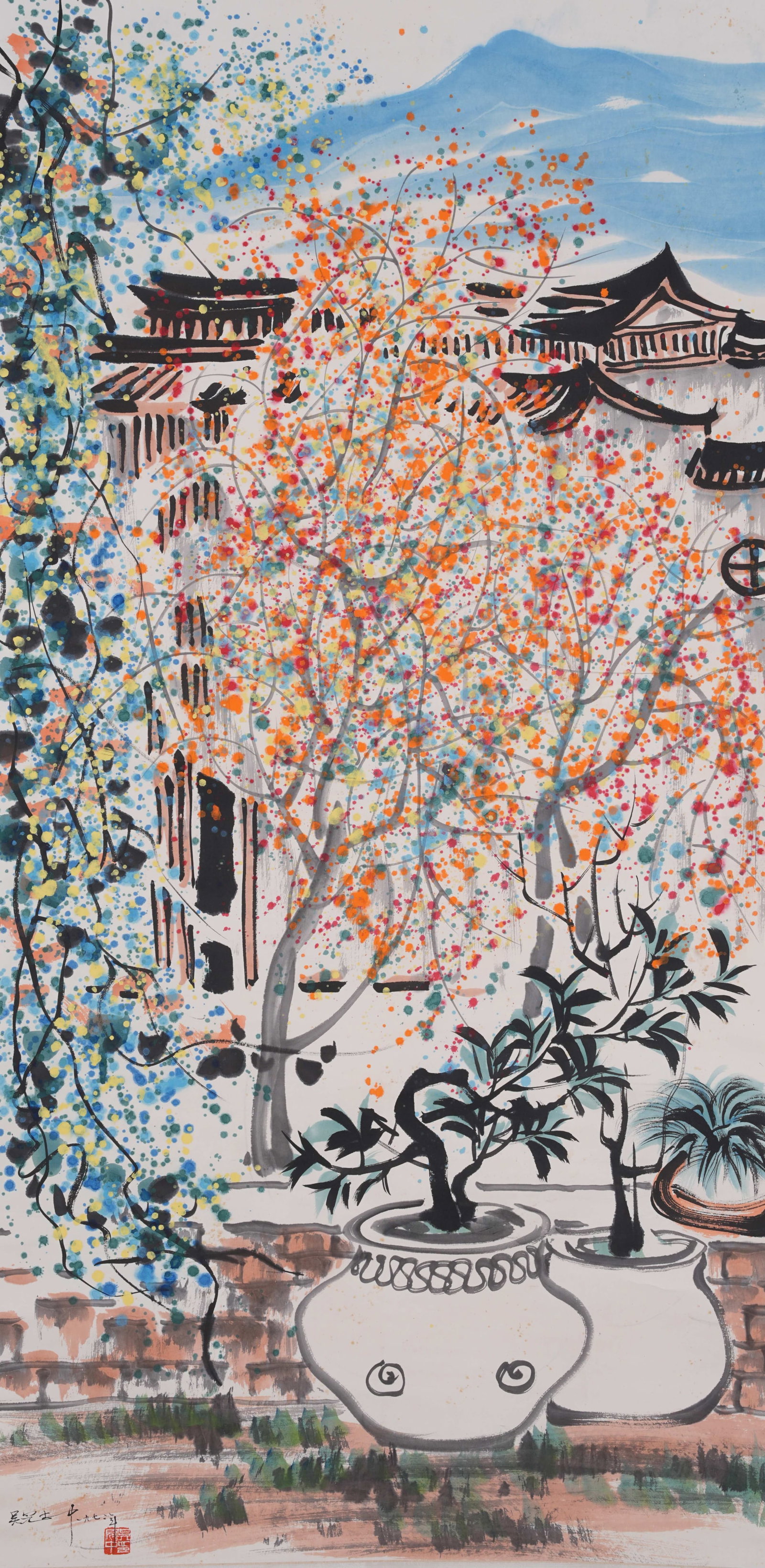 A BUILDING LANDSCAPE PAINTING ON PAPER BY WU GUANZHONG.吳冠中: Building Landscape Painting on Paper by Wu Guanzhong.吳冠中