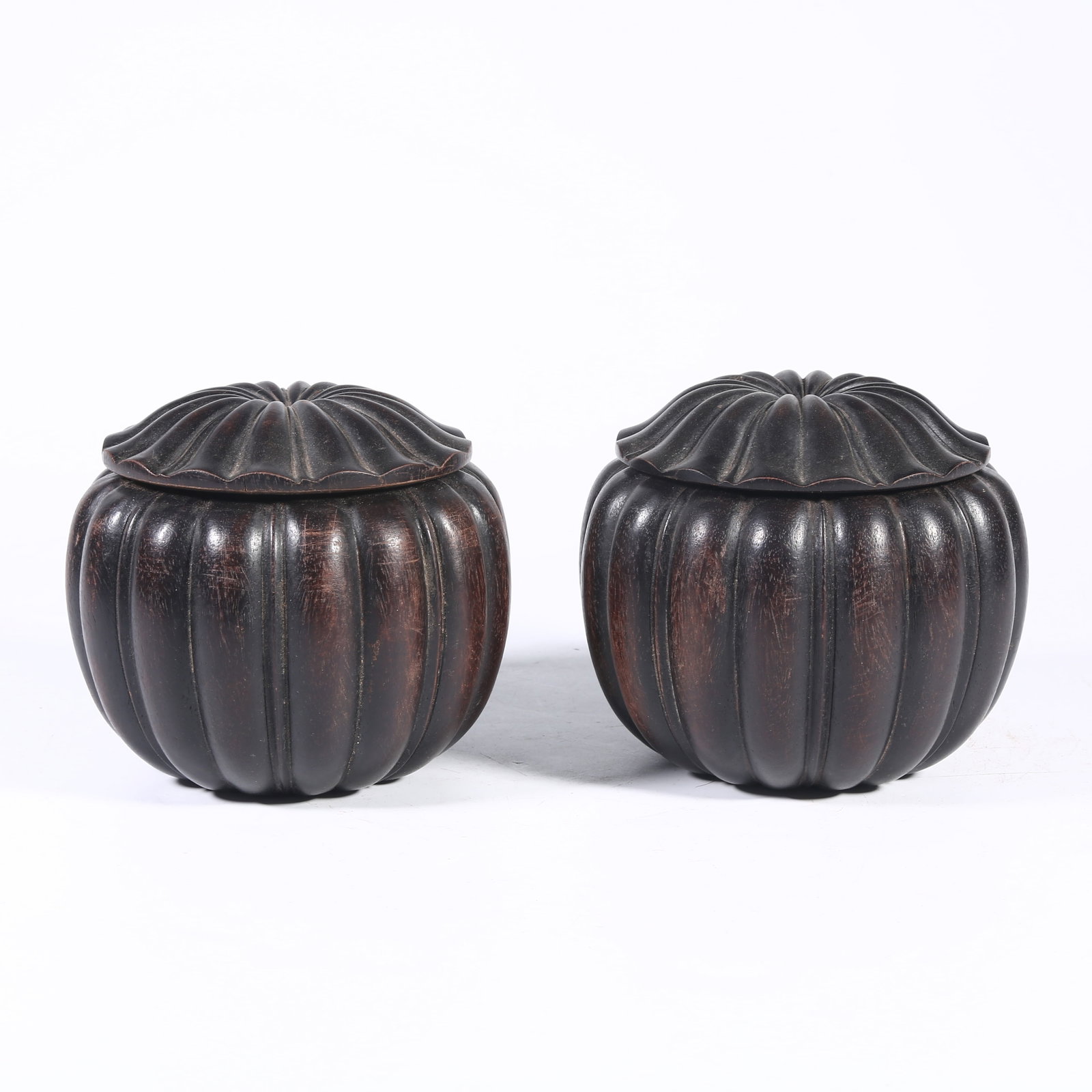 A SET OF ZITAN MELON-RIBBED GO GAME JARS: Set of Zitan Melon-ribbed Go Game Jars