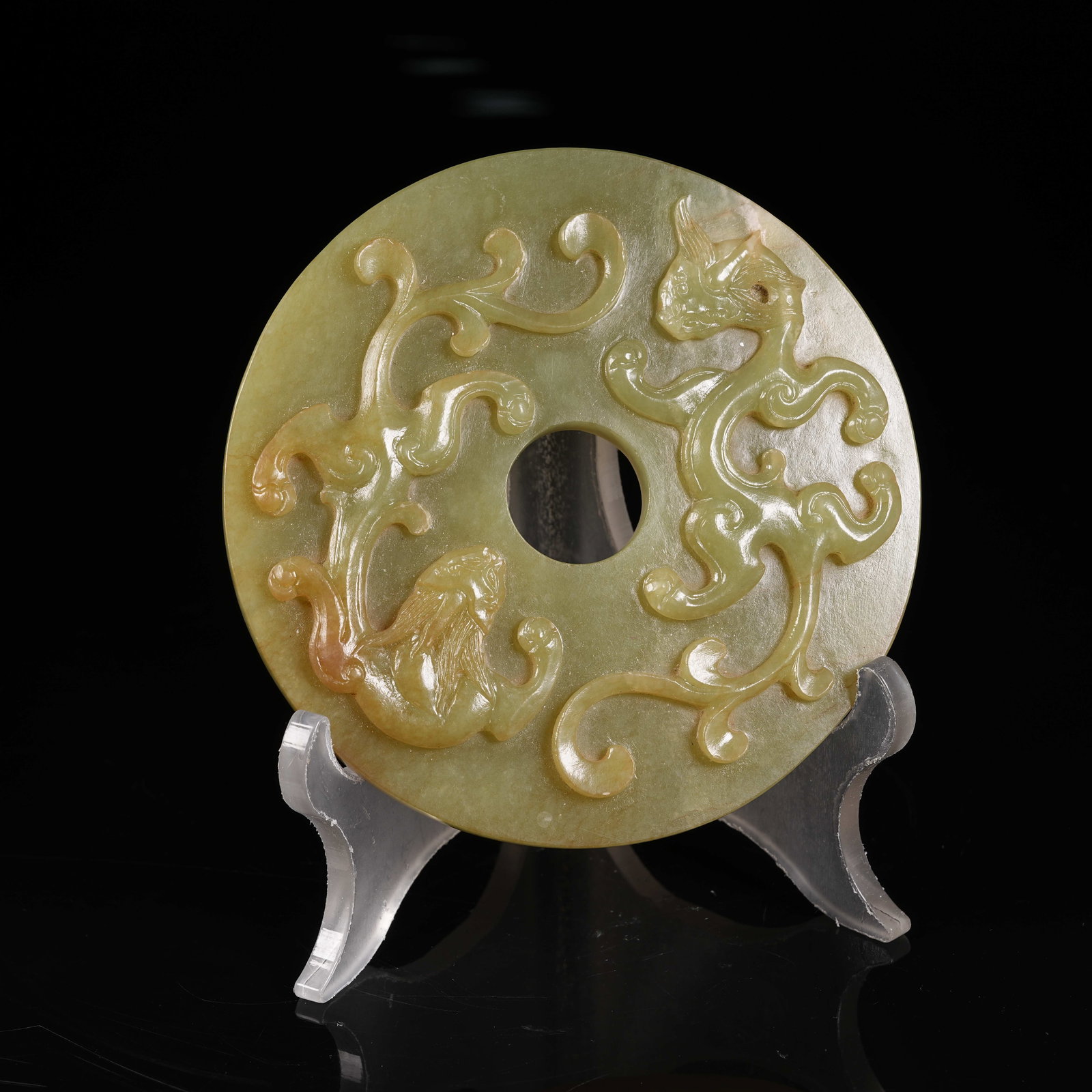 A HETIAN YELLOW JADE BI DISC WITH CHILONG PATTERN: Hetian Yellow Jade Bi Disc with Chilong Pattern