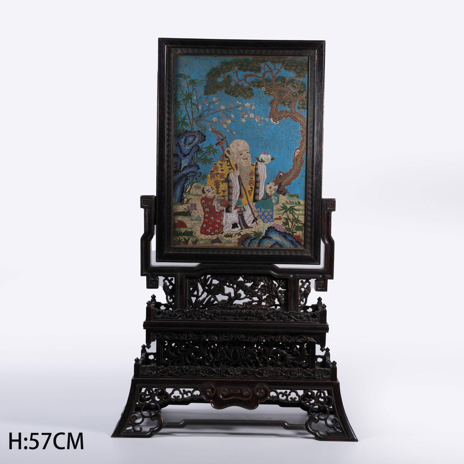 RED SANDALWOOD SCREEN INLAID WITH CLOISONN? CARVED WITH IMMORTAL PRESENTING LONGEVITY PATTERN: Red Sandalwood Screen Inlaid with Cloisonne Carved with Immortal Presenting Longevity Pattern