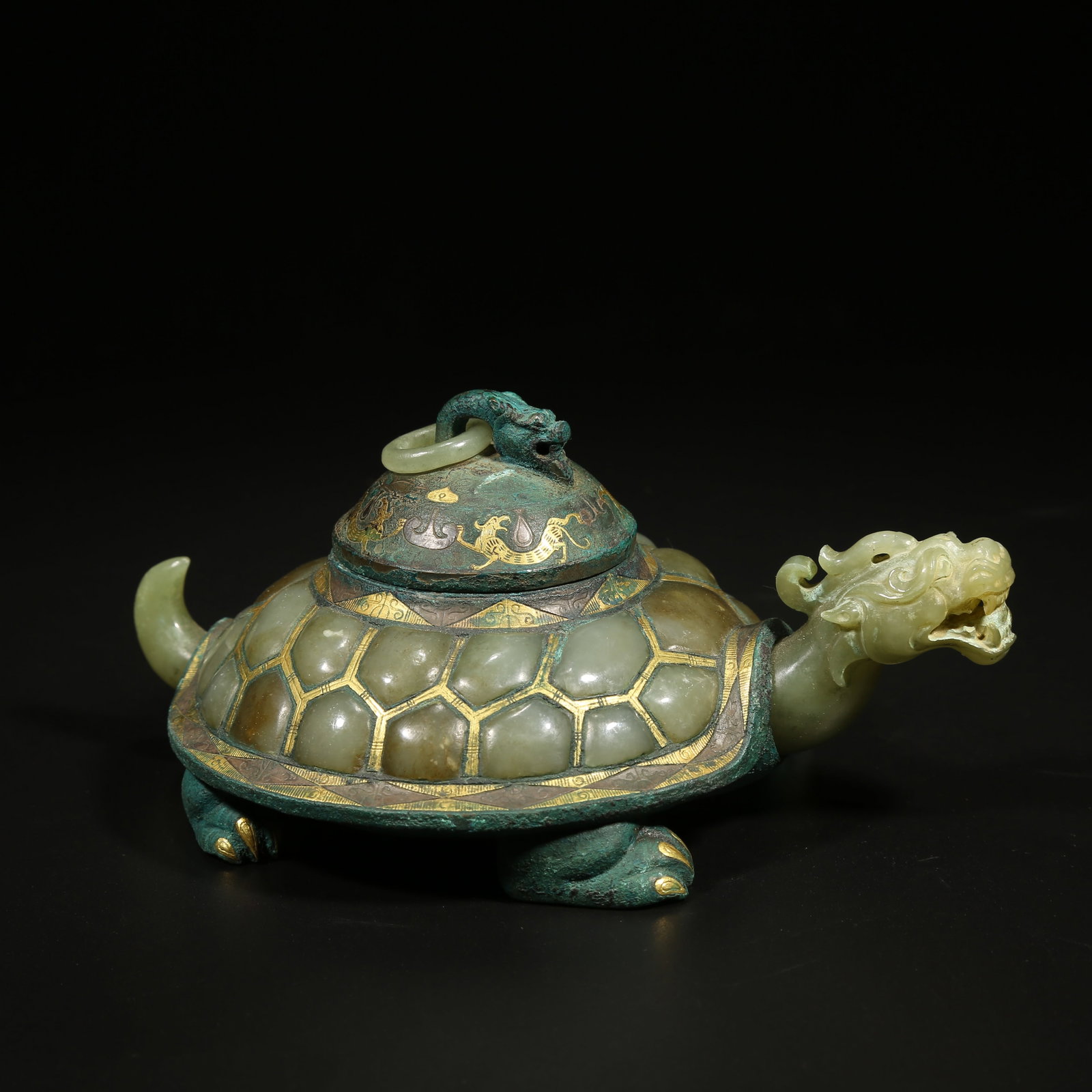 A GILT AND SILVER INLAID BRONZE DRAGON-TURTLE INCENSE BURNER WITH HETIAN JADE INLAY: Gilt and Silver Inlaid Bronze Dragon-Turtle Incense Burner with Hetian Jade Inlay