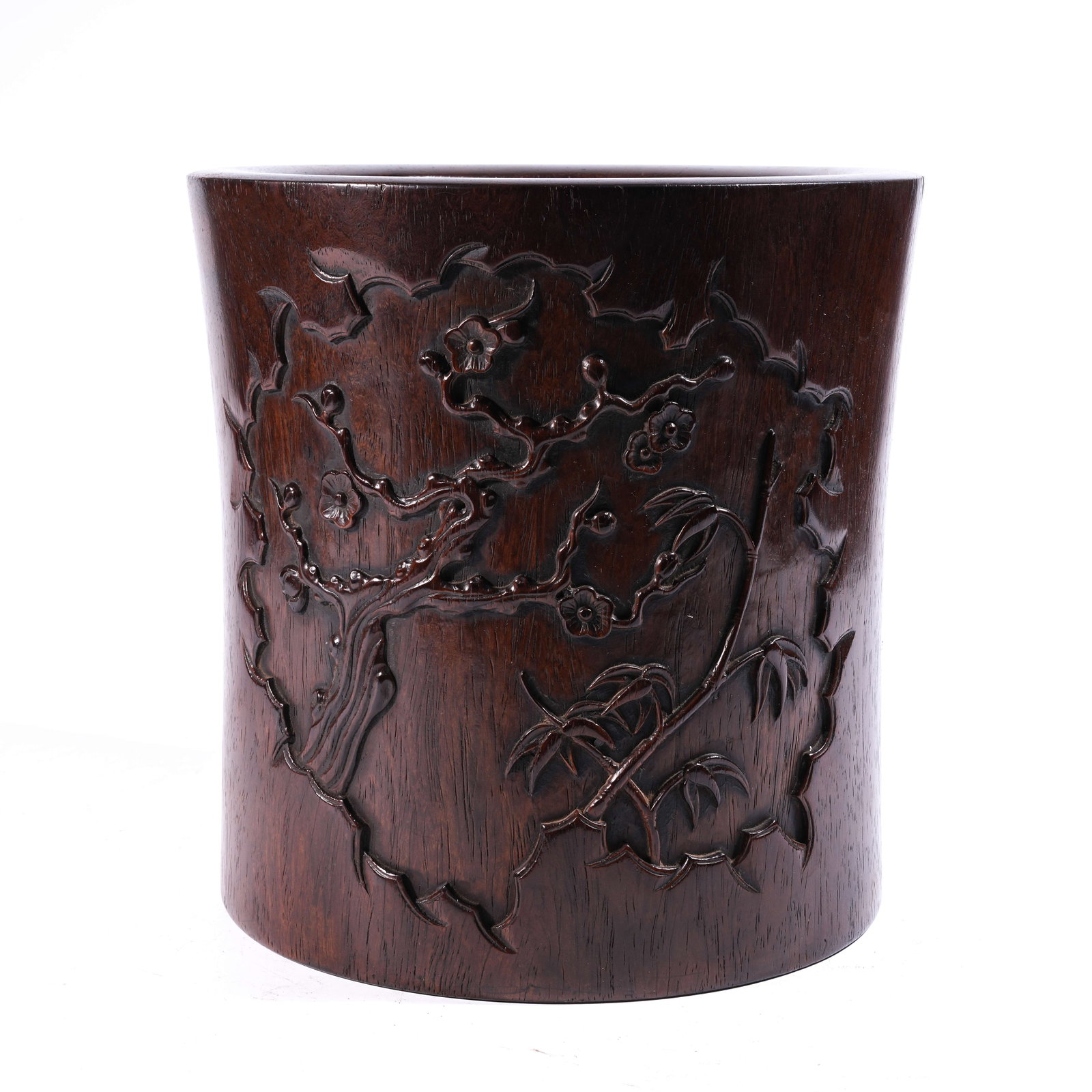 A BRUSH POT IN HARDWOOD WITH FLORAL MOTIF: Brush Pot in Hardwood with Floral Motif