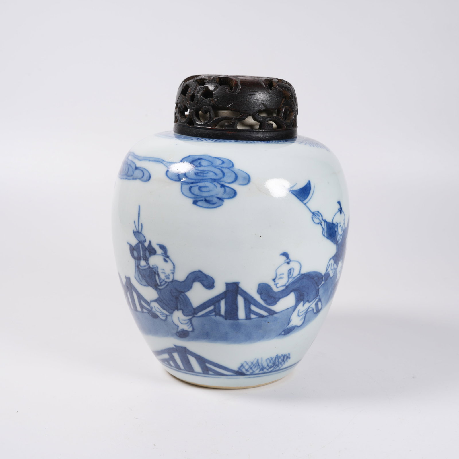 A BLUE AND WHITE COVERED JAR WITH COURTYARD CHILDREN PLAYING PATTERN (1 of 9)