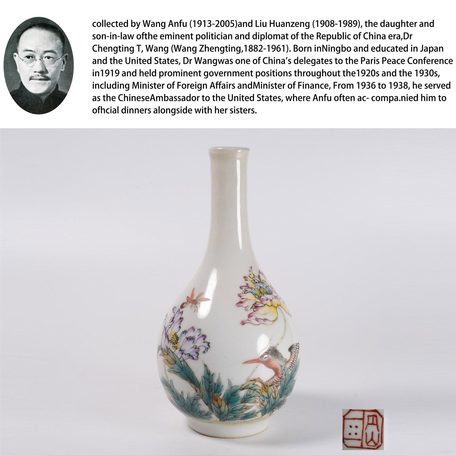 A FAMILLE ROSE GALL VASE WITH FLOWER AND BIRD PATTERN: Famille Rose Gall Vase with Flower and Bird Pattern. PROVENANCE: Property from the family collection of Wang Anfu (1913-2005) and Liu Huanzeng (1908-1989), descendants of the distinguished Republican-