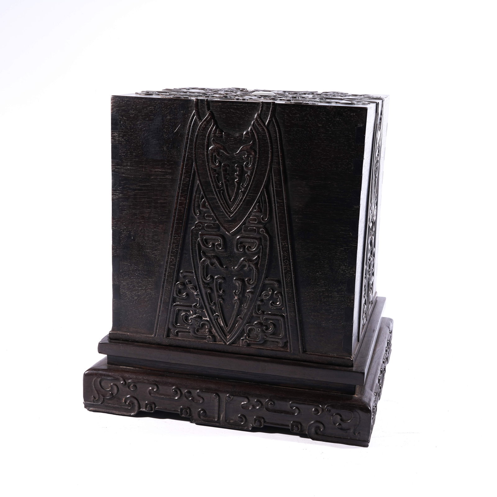 A SEAL BOX IN ZITAN WOOD INLAID WITH HETIAN JADE, DECORATED WITH BEAST-FACE MOTIF (1 of 10)