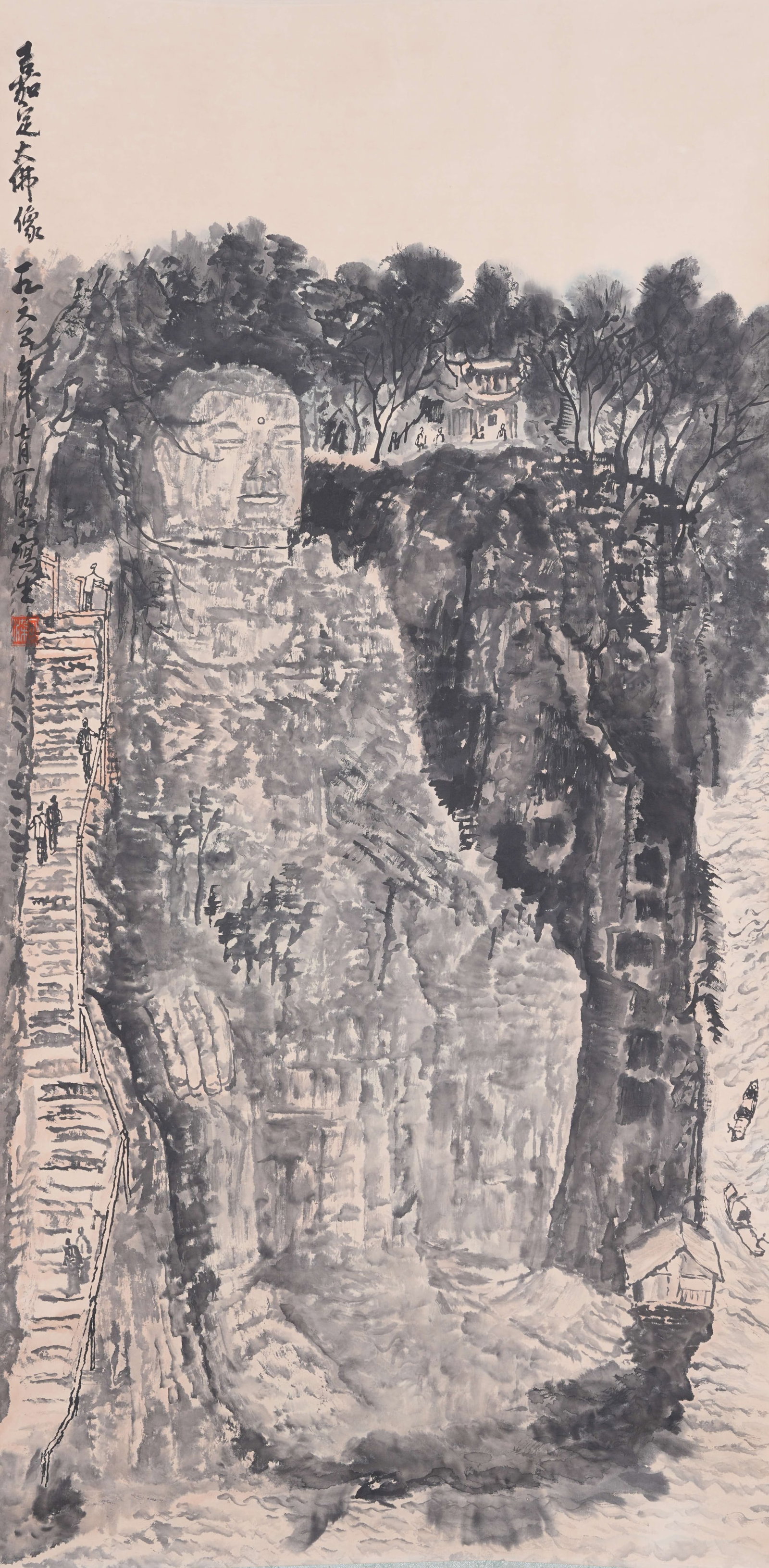 A BUDDHA STATUE PAINTING ON PAPER BY LI KERAN.李可染: Buddha Statue Painting on Paper by Li Keran.李可染