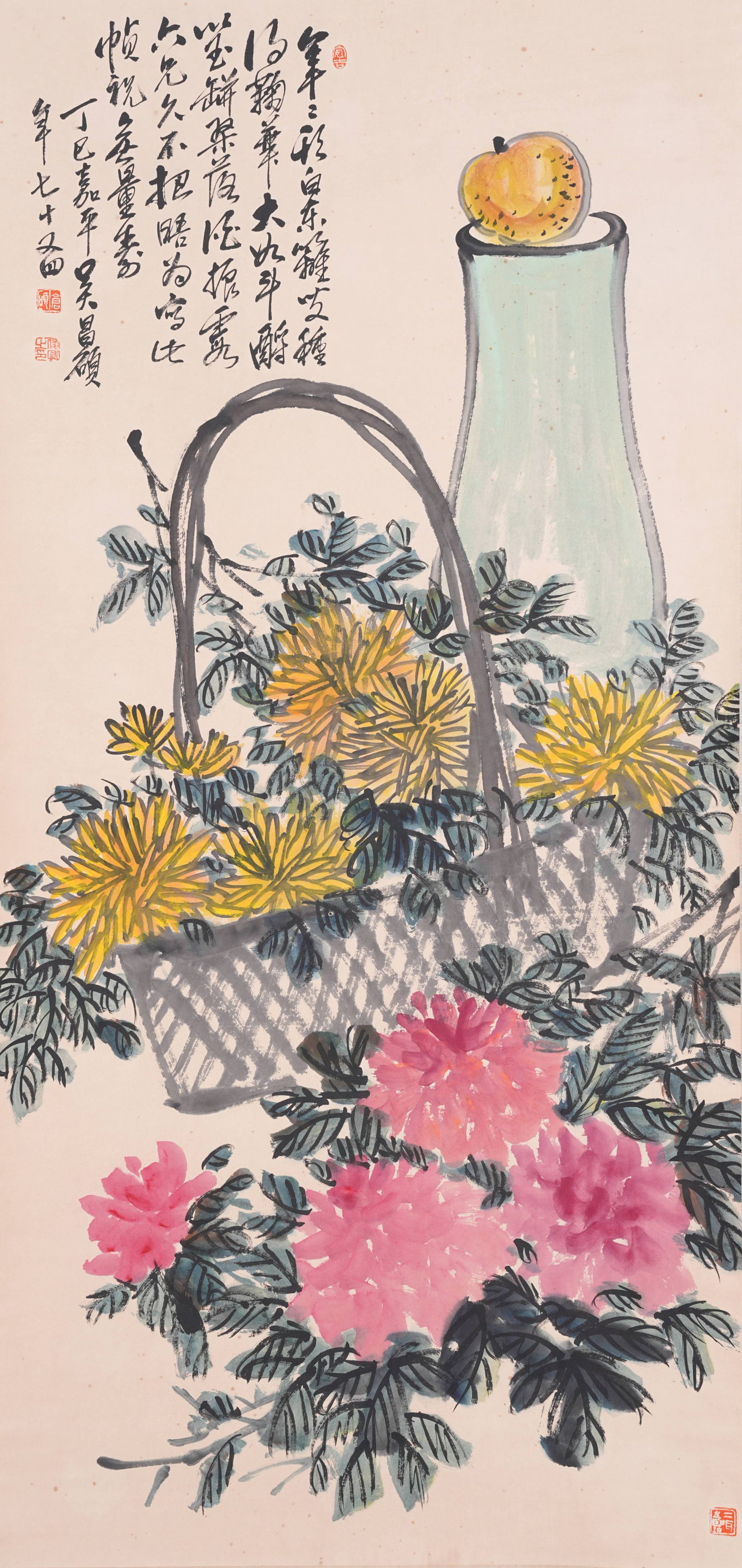 A FLOWER PAINTING ON PAPER BY WU CHANGSHUO.吳昌碩: Flower Painting on Paper by Wu Changshuo.吳昌碩