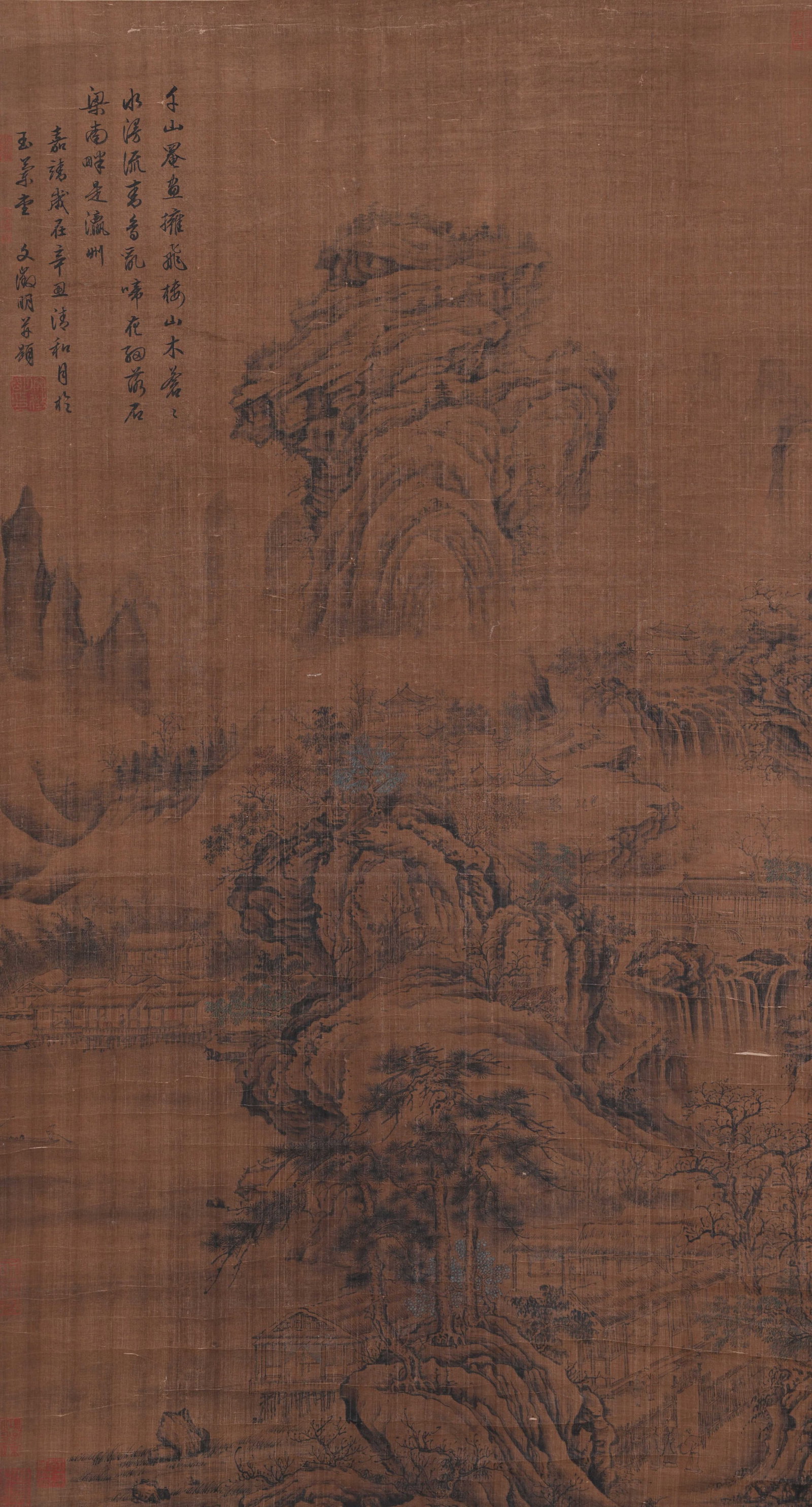 A LANDSCAPE PAINTING ON SILK BY WEN ZHENGMING.文徵明: Landscape Painting on Silk by Wen Zhengming.文徵明