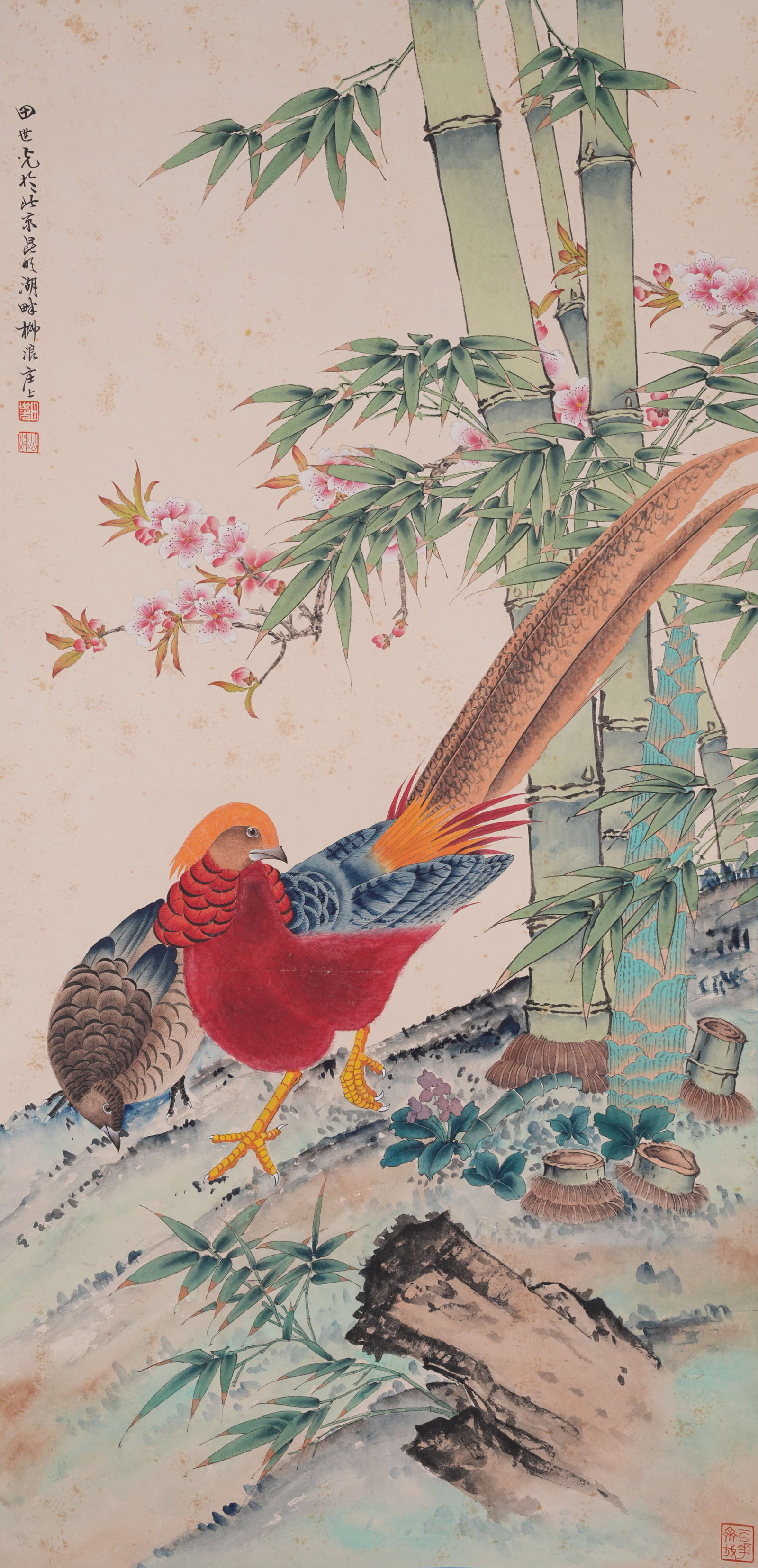 A FLOWER AND BIRD PAINTING ON PAPER BY TIAN SHIGUANG.田世光: Flower and Bird Painting on Paper by Tian Shiguang.田世光