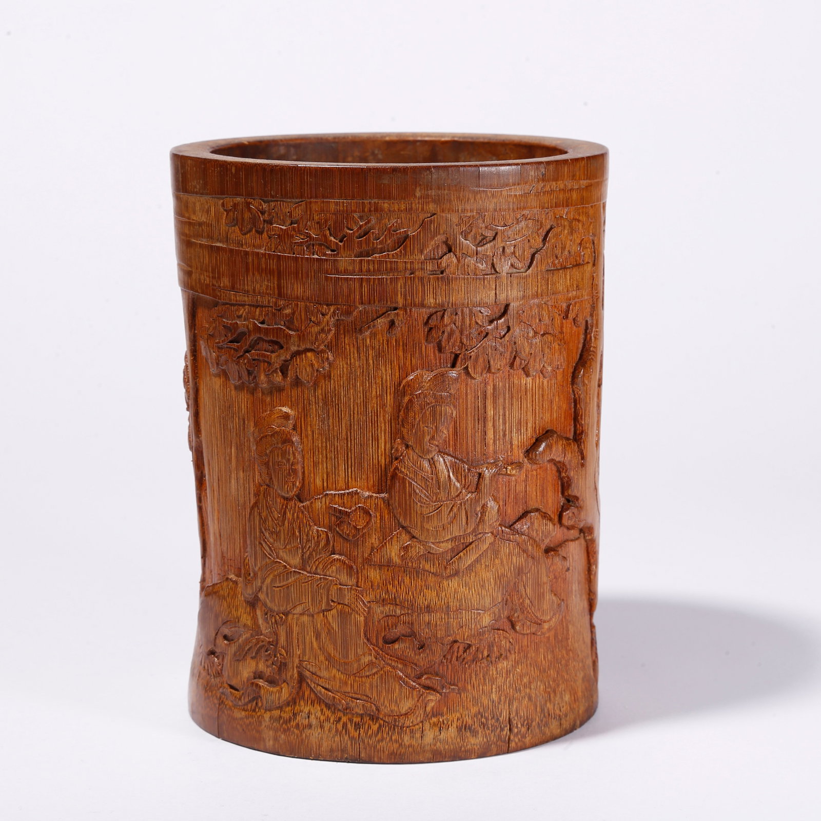 A BAMBOO CARVED BRUSH POT WITH FIGURE STORY PATTERN (1 of 9)