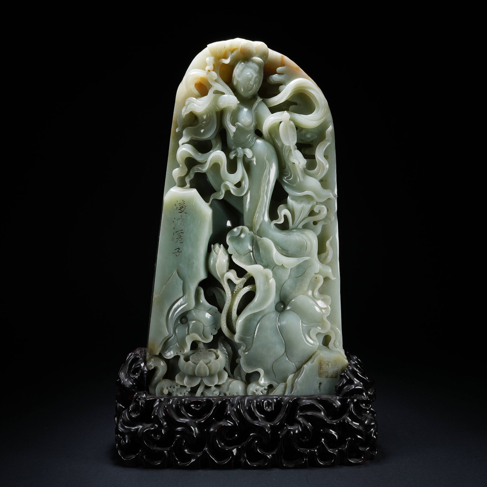 A HETIAN JADE MOUNTAIN ORNAMENT OF FAIRY WALKING ON WAVES (1 of 10)