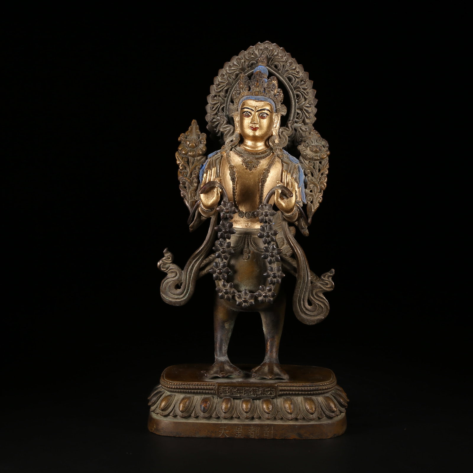 A GILT AND BRONZE ALLOY SIX-TIERED BUDDHIST TOWER STYLE KETU STAR DEITY STATUE: Gilt and Bronze Alloy Six-Tiered Buddhist Tower Style Ketu Star Deity Statue