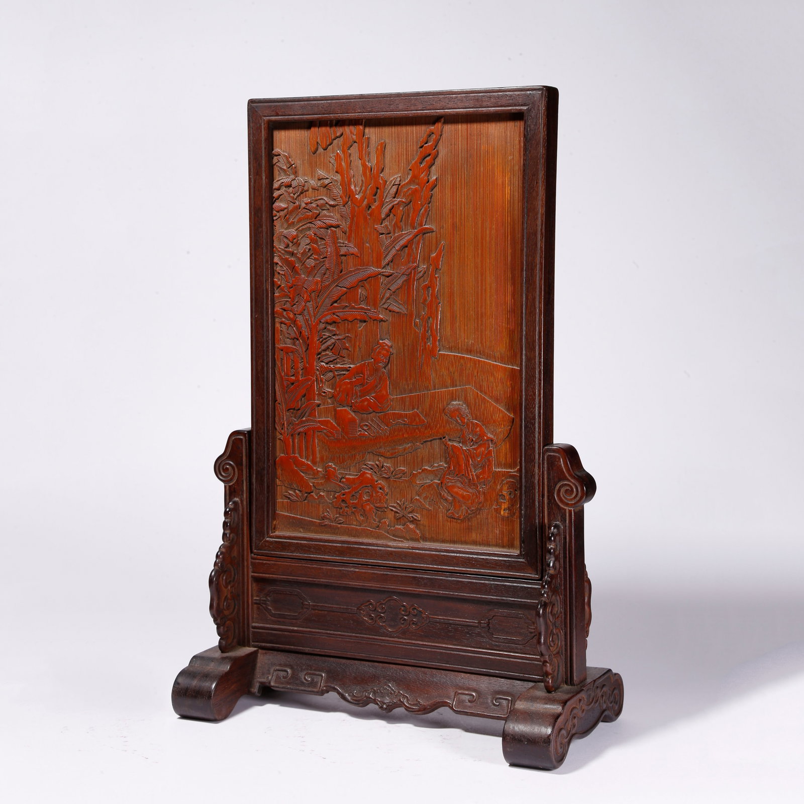 A RED SANDALWOOD INLAID BAMBOO CARVED FIGURE STORY SCREEN: Red Sandalwood Inlaid Bamboo Carved Figure Story Screen