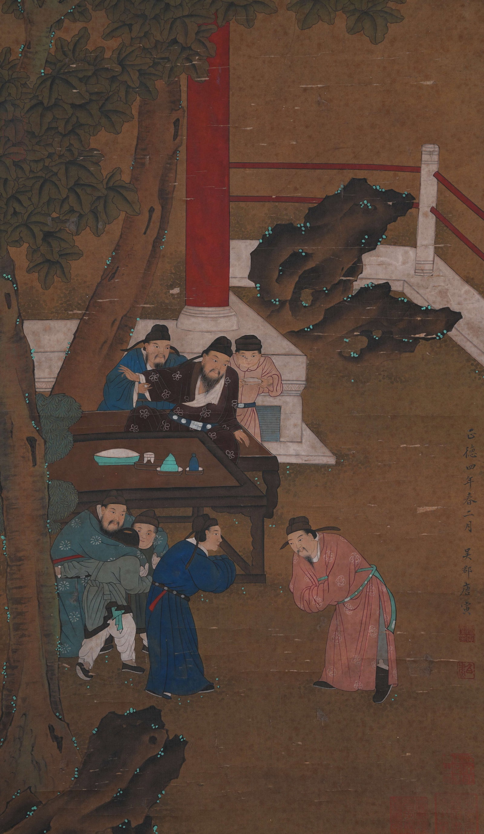 A FIGURE PAINTING ON SILK BY TANG BOHU.唐伯虎: Figure Painting on Silk by Tang Bohu.唐伯虎