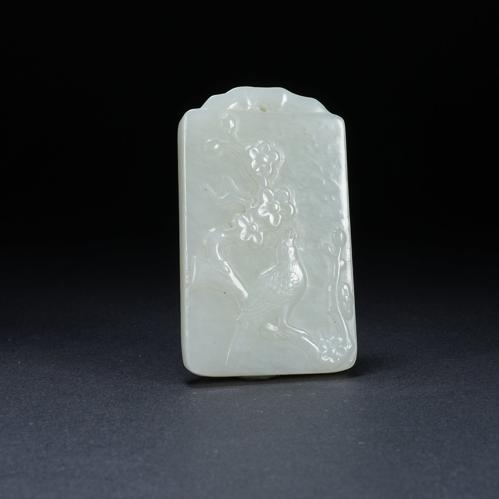 A HETIAN JADE PLAQUE WITH MAGPIE ON PLUM BLOSSOM PATTERN: Hetian Jade Plaque with Magpie on Plum Blossom Pattern