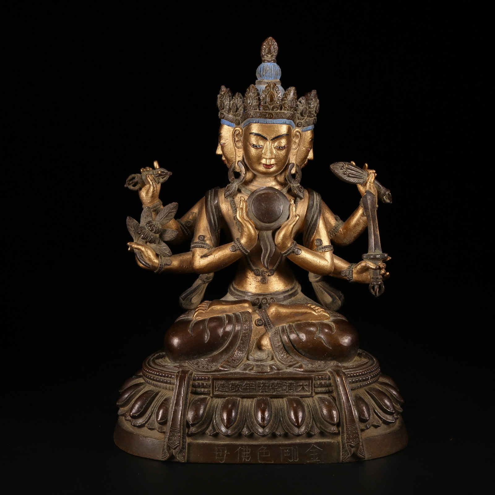 A GILT AND BRONZE ALLOY SIX-TIERED BUDDHIST TOWER STYLE VAJRA-COLORED BUDDHA MOTHER STATUE (1 of 8)