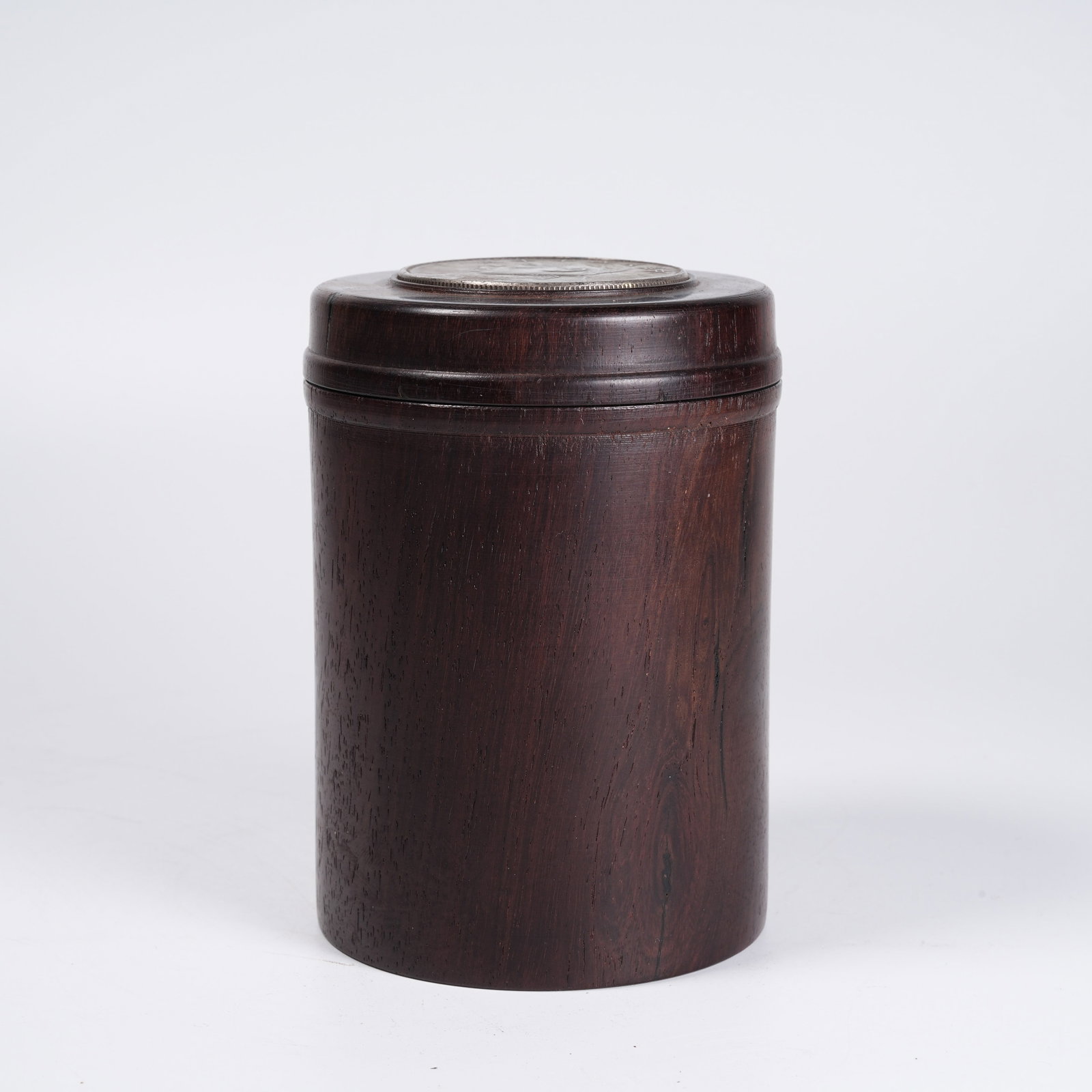 A HUANGHUALI SILVER COIN-INLAID TEA CADDY (1 of 9)