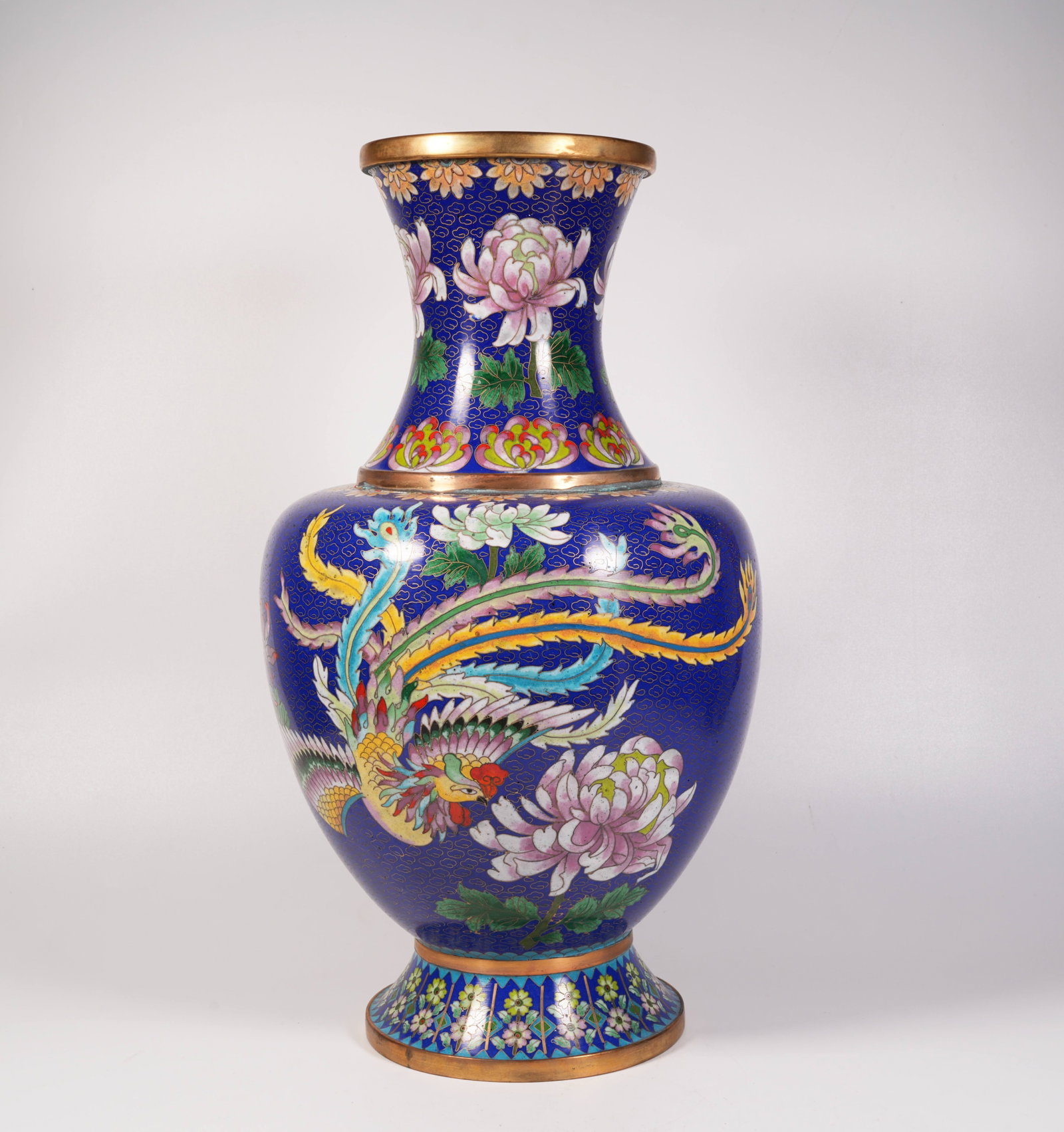A CLOISONNE PHOENIX-TAIL ZUN WITH FLOWER AND PHOENIX PATTERN ON BRONZE BODY (1 of 11)