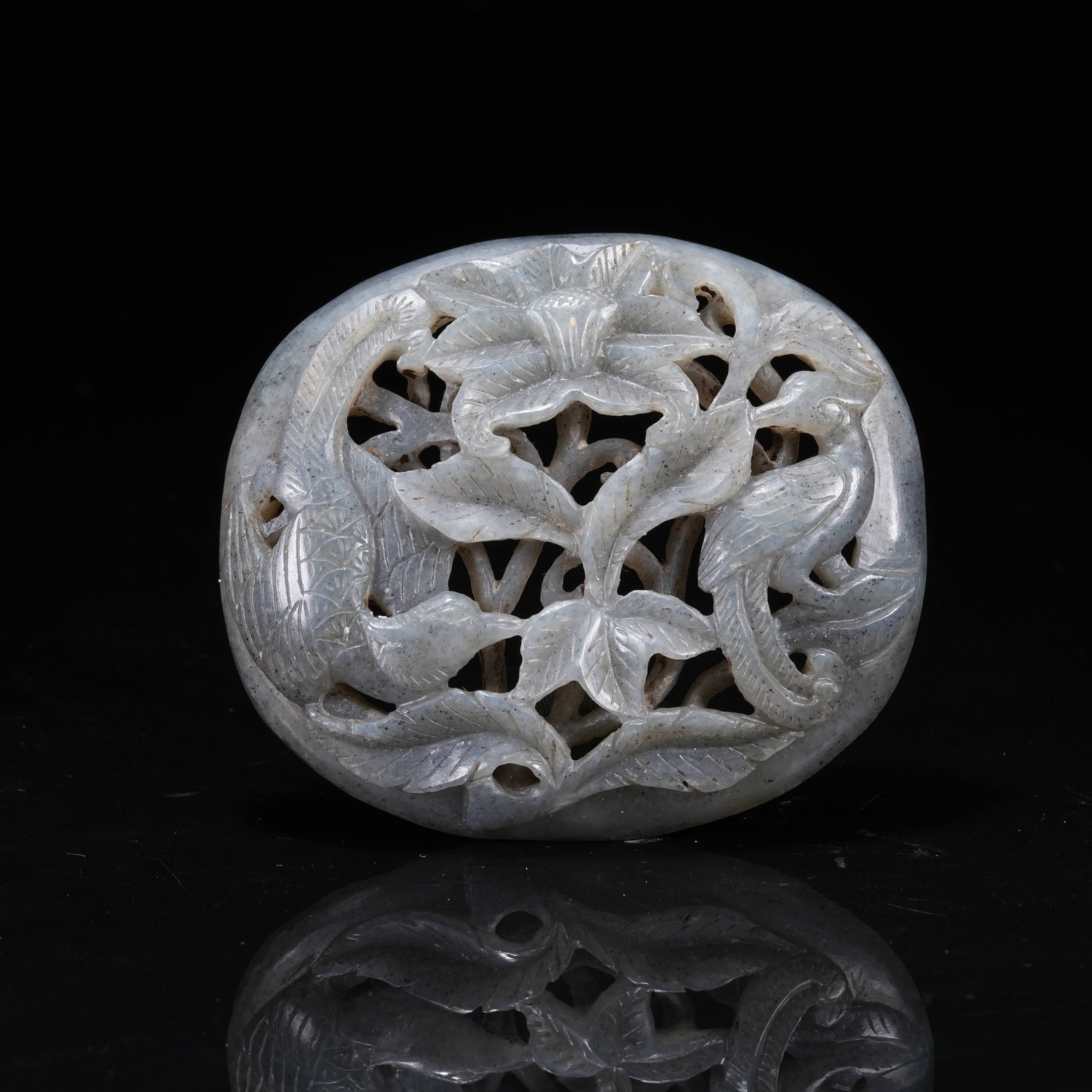 A FLOWER AND BIRD BELT ORNAMENT OF BLUE-SPECKLED HETIAN RAW JADE: Flower and Bird Belt Ornament of Blue-speckled Hetian Raw Jade