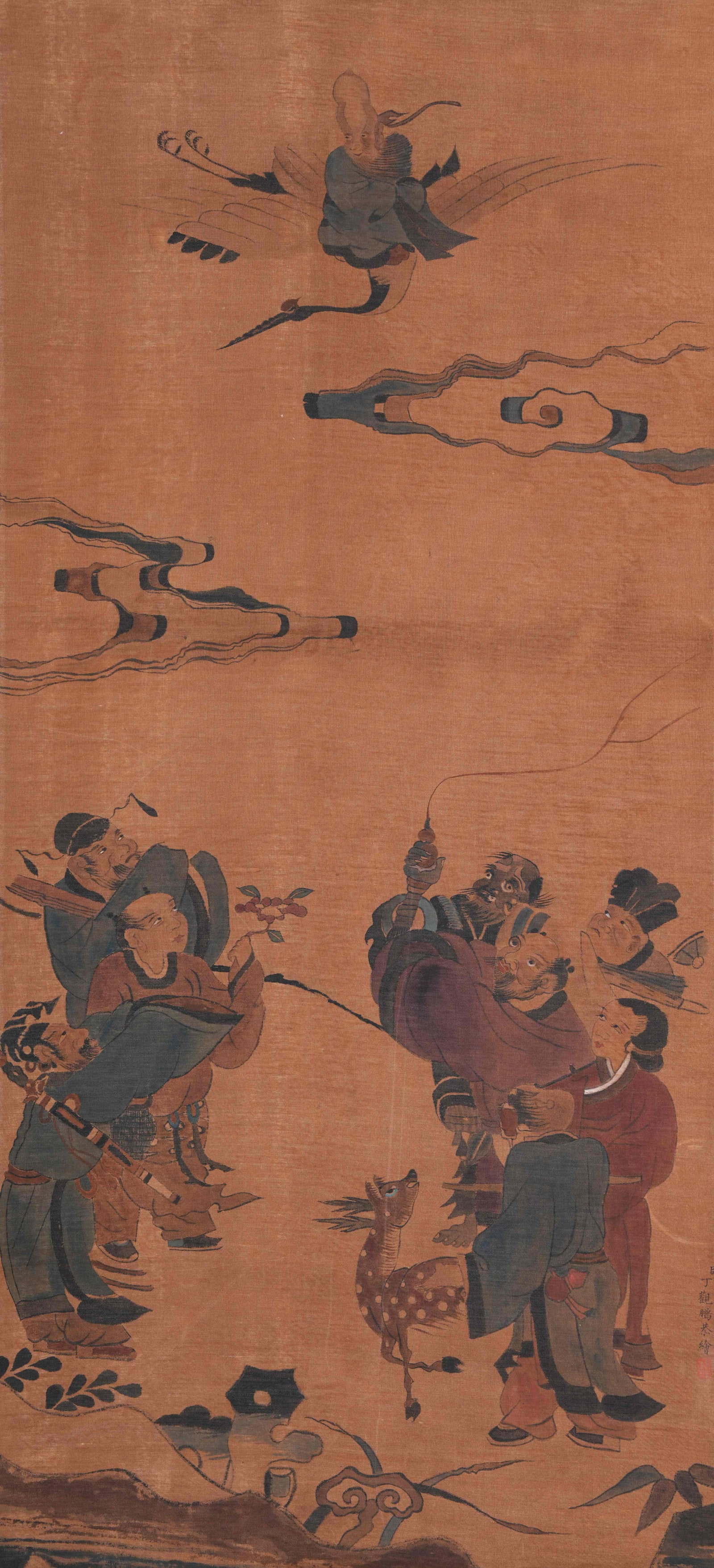 A IMMORTAL FIGURES PAINTING ON SILK BY DING GUANPENG.丁觀鵬 (1 of 9)