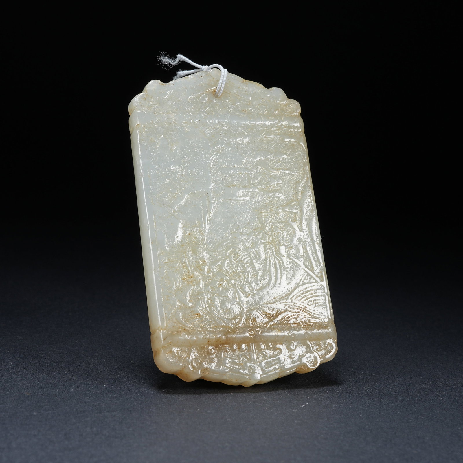 A HETIAN JADE PLAQUE WITH LANDSCAPE AND FIGURE PATTERN: Hetian Jade Plaque with Landscape and Figure Pattern