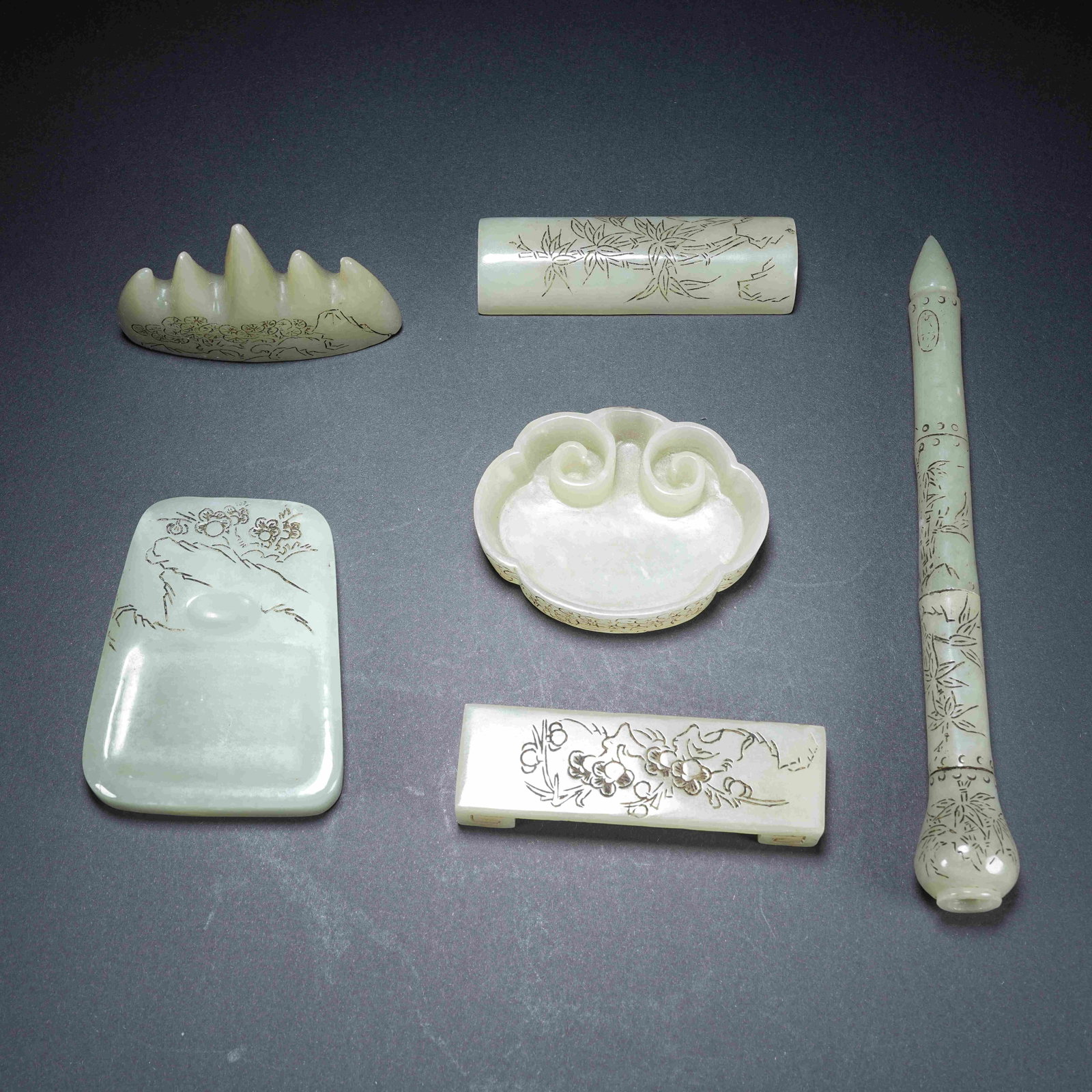 A SET OF HETIAN JADE SIX SCHOLAR'S STATIONERY TREASURES (1 of 10)