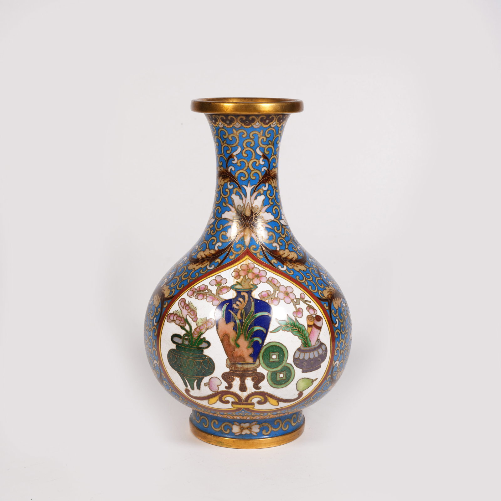 A CLOISONNE VASE WITH ANTIQUE OBJECTS PATTERN ON BRONZE BODY (1 of 9)