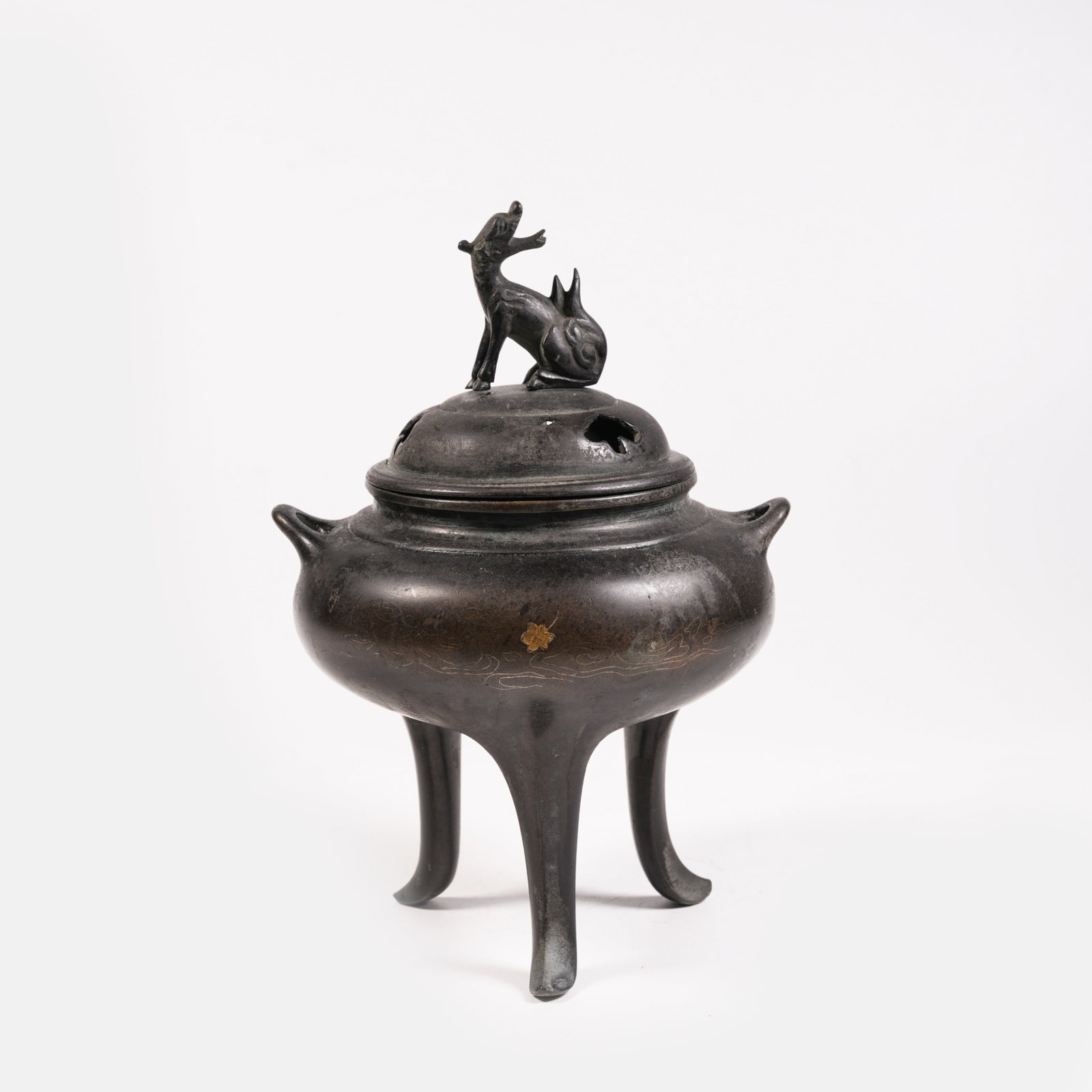 A PARTIALLY GILDED BRONZE INCENSE BURNER WITH BEAST KNOB: Partially Gilded Bronze Incense Burner with Beast Knob