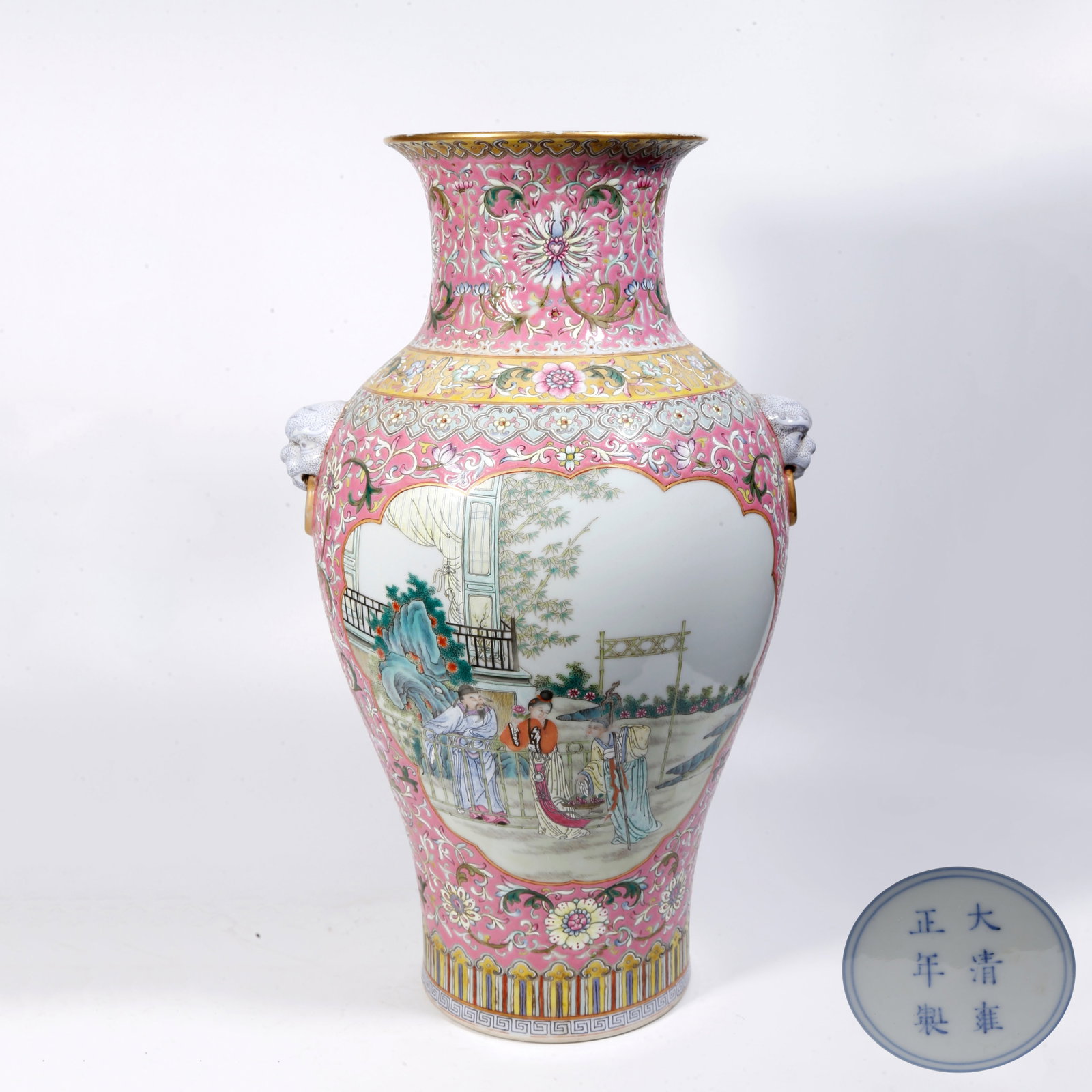 A FAMILLE ROSE VASE WITH DOUBLE BEAST EARS, CARVED GROUND AND FIGURE STORY PATTERNS: Famille Rose Vase with Double Beast Ears, Carved Ground and Figure Story Patterns