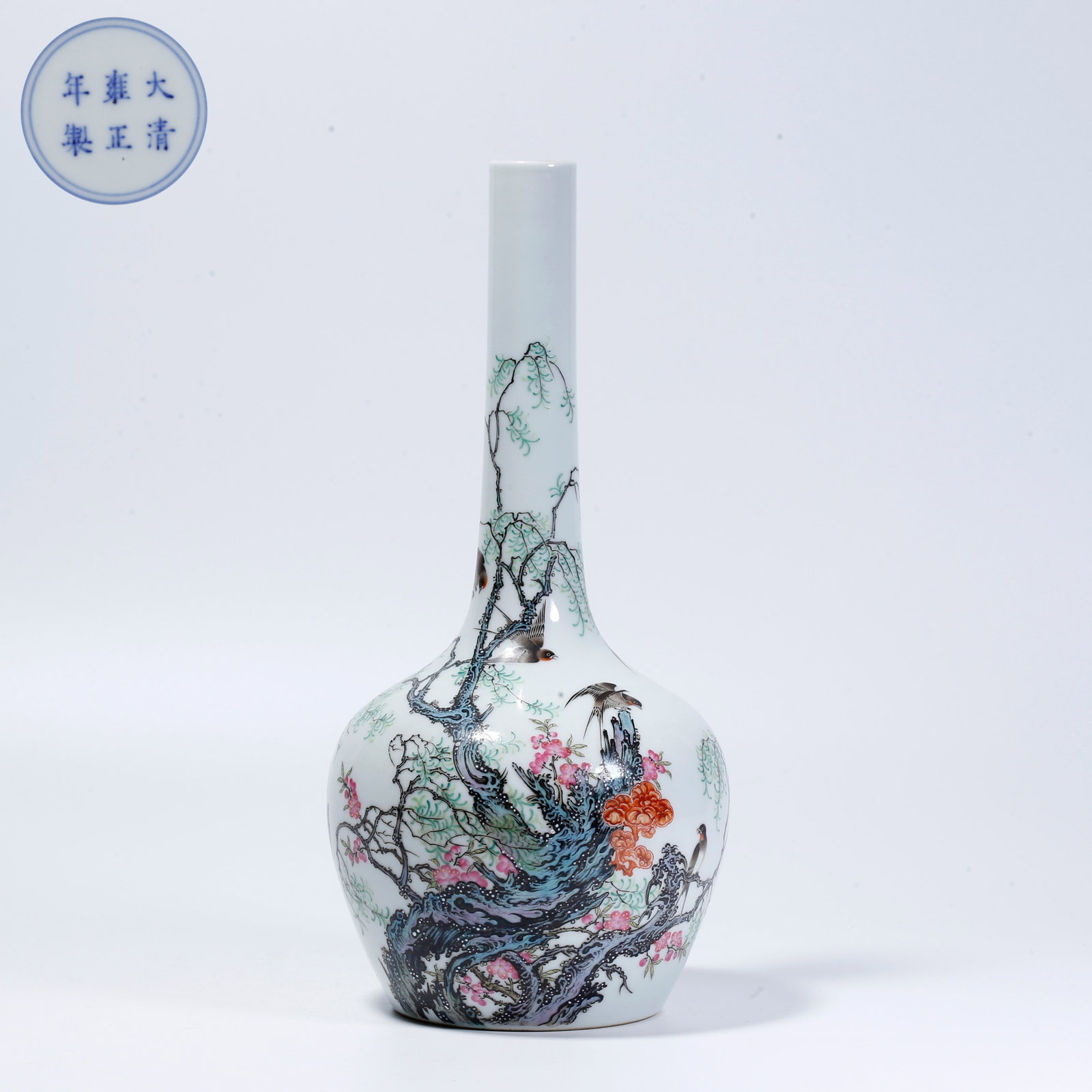 A FAMILLE ROSE APPRECIATION VASE WITH FLOWER AND BIRD PATTERN: Famille Rose Appreciation Vase with Flower and Bird Pattern