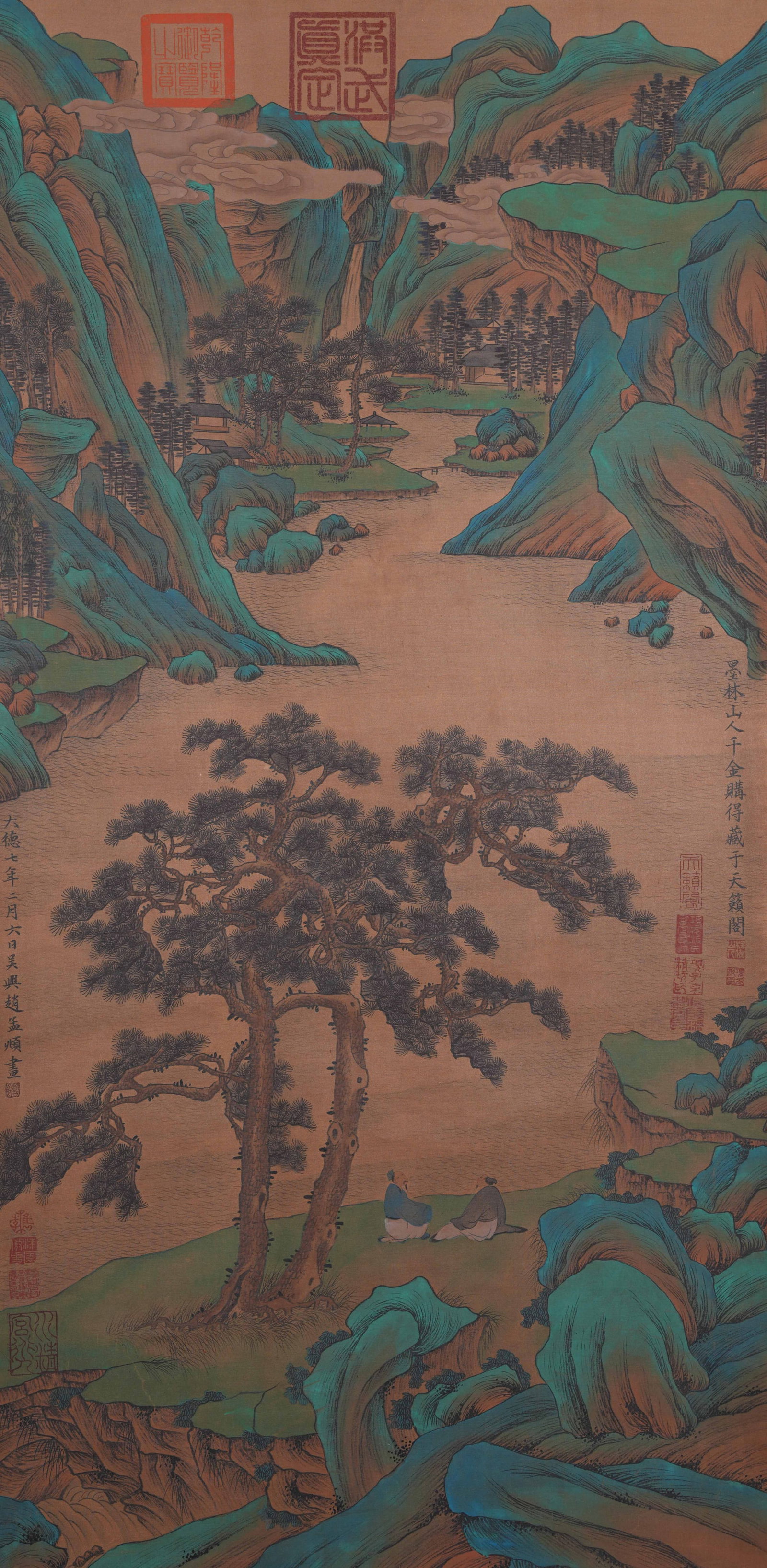 A LANDSCAPE AND FIGURE PAINTING ON SILK BY ZHAO MENGFU.趙孟頫: Landscape and Figure Painting on Silk by Zhao Mengfu.趙孟頫