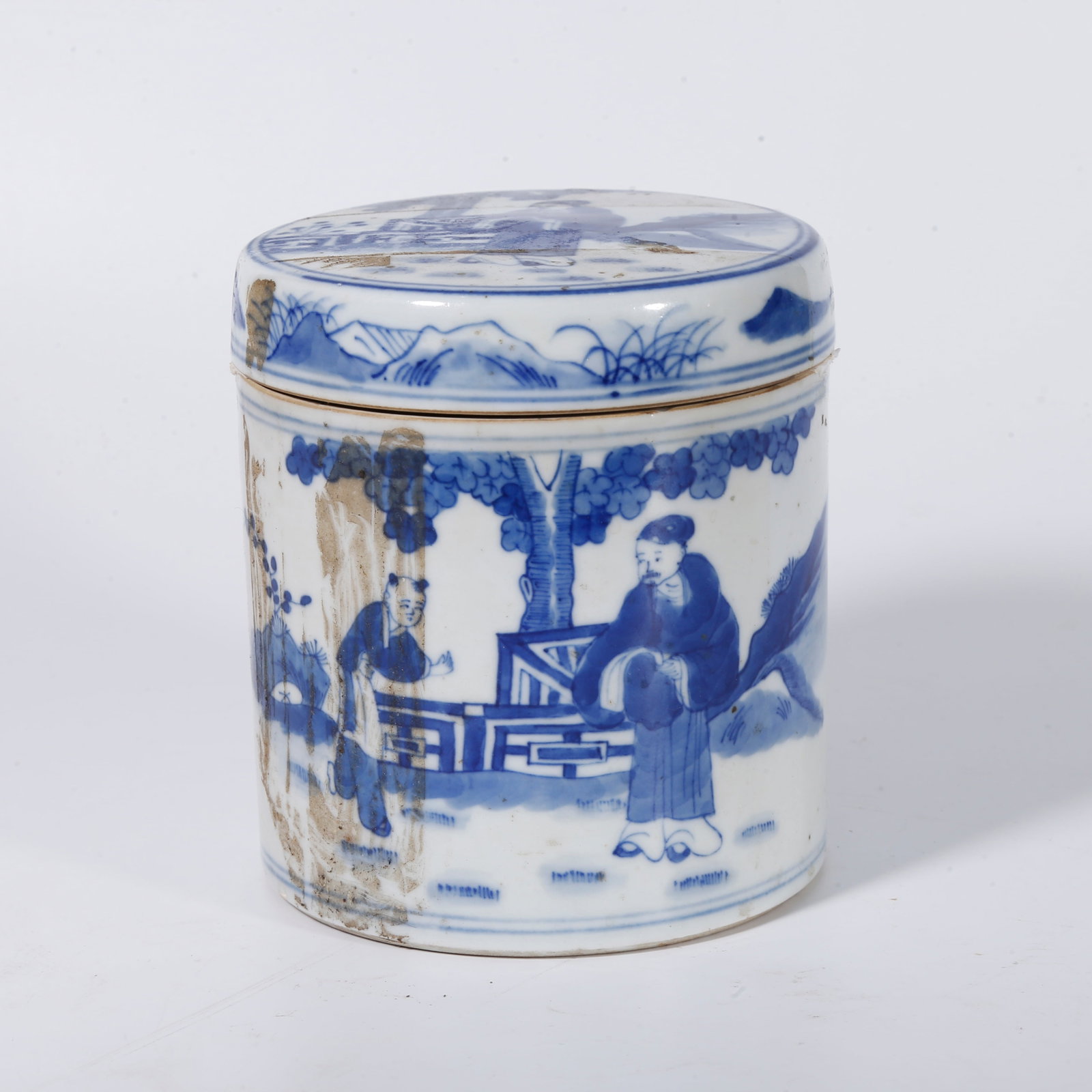 A BLUE AND WHITE LIDDED JAR WITH NARRATIVE FIGURE SCENES (1 of 10)