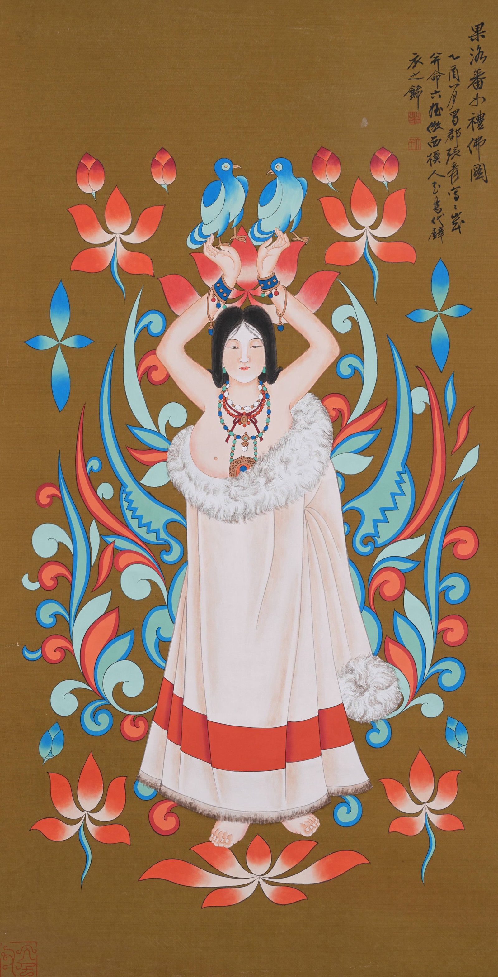 A TIBETAN LADIES WORSHIPPING BUDDHA PAINTING ON SILK BY ZHANG DAQIAN.張大千: Tibetan Ladies Worshipping Buddha Painting on Silk by Zhang Daqian.張大千