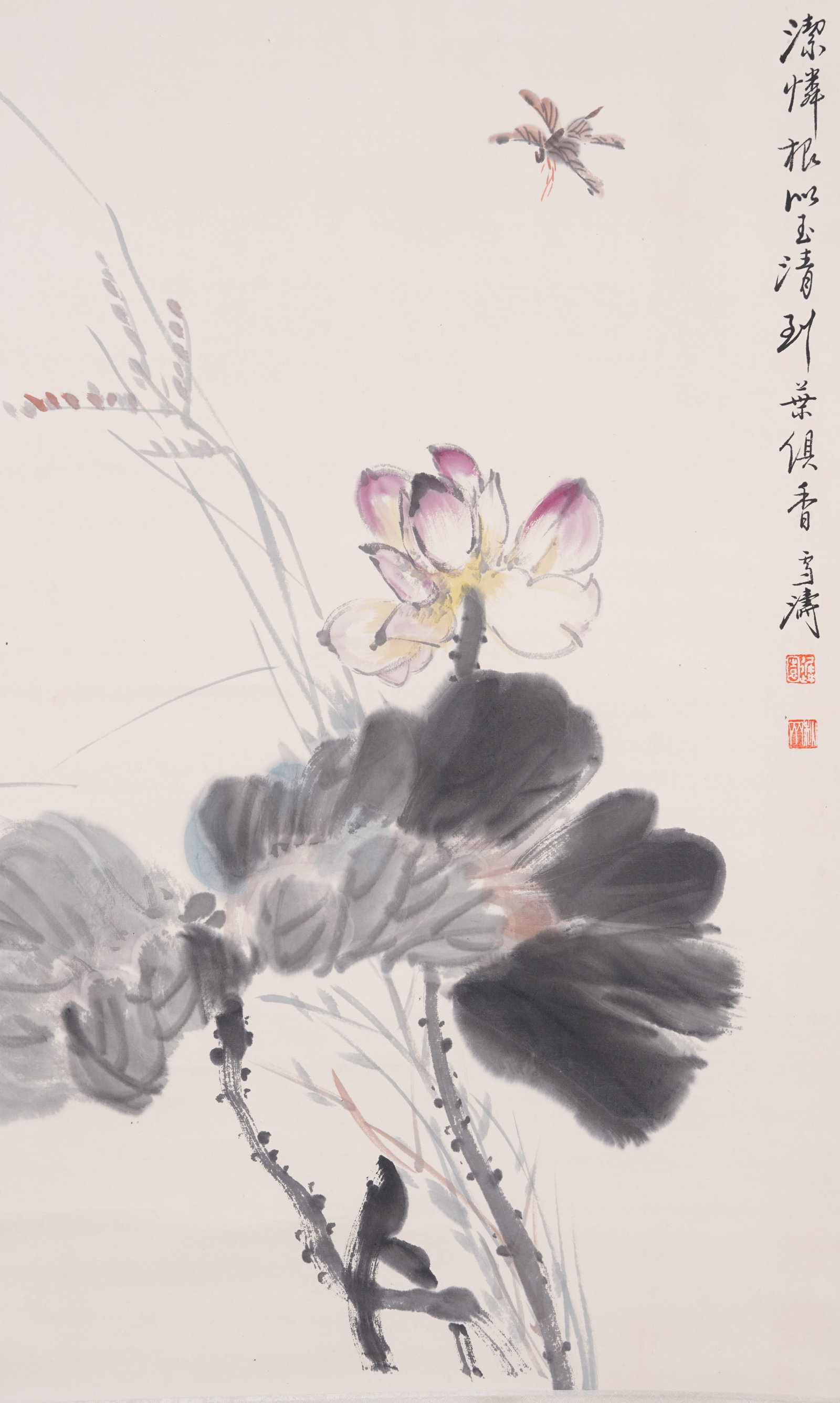 A LOTUS PAINTING ON PAPER BY WANG XUETAO.王雪濤: Lotus Painting on Paper by Wang Xuetao.王雪濤