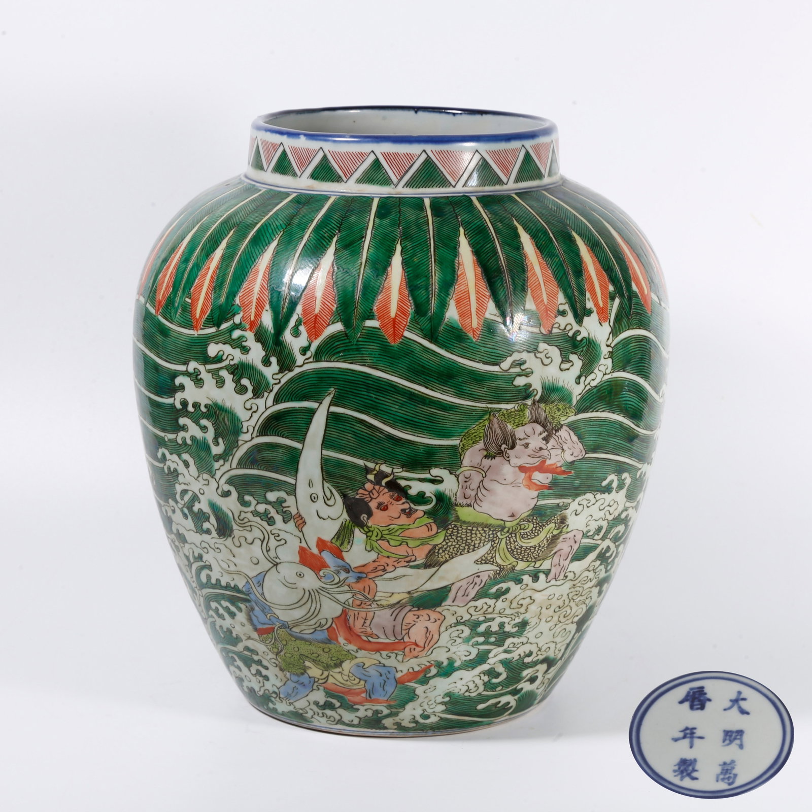 A WUCAI JAR WITH FIGURAL STORY MOTIFS: Wucai Jar with Figural Story Motifs