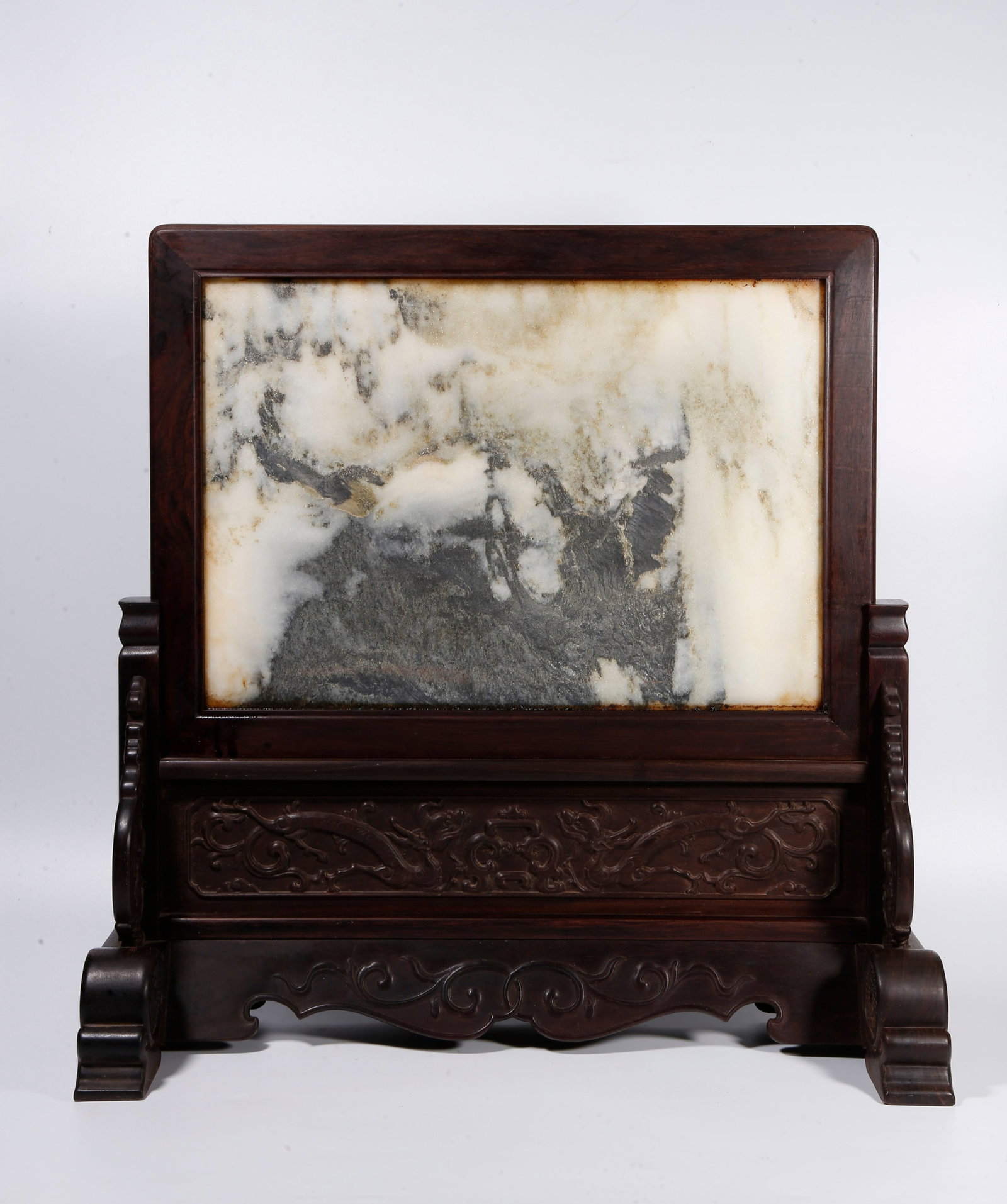 A YELLOW PEAR WOOD TABLE SCREEN INLAID WITH MARBLE SLABS: Yellow Pear Wood Table Screen Inlaid with Marble Slabs