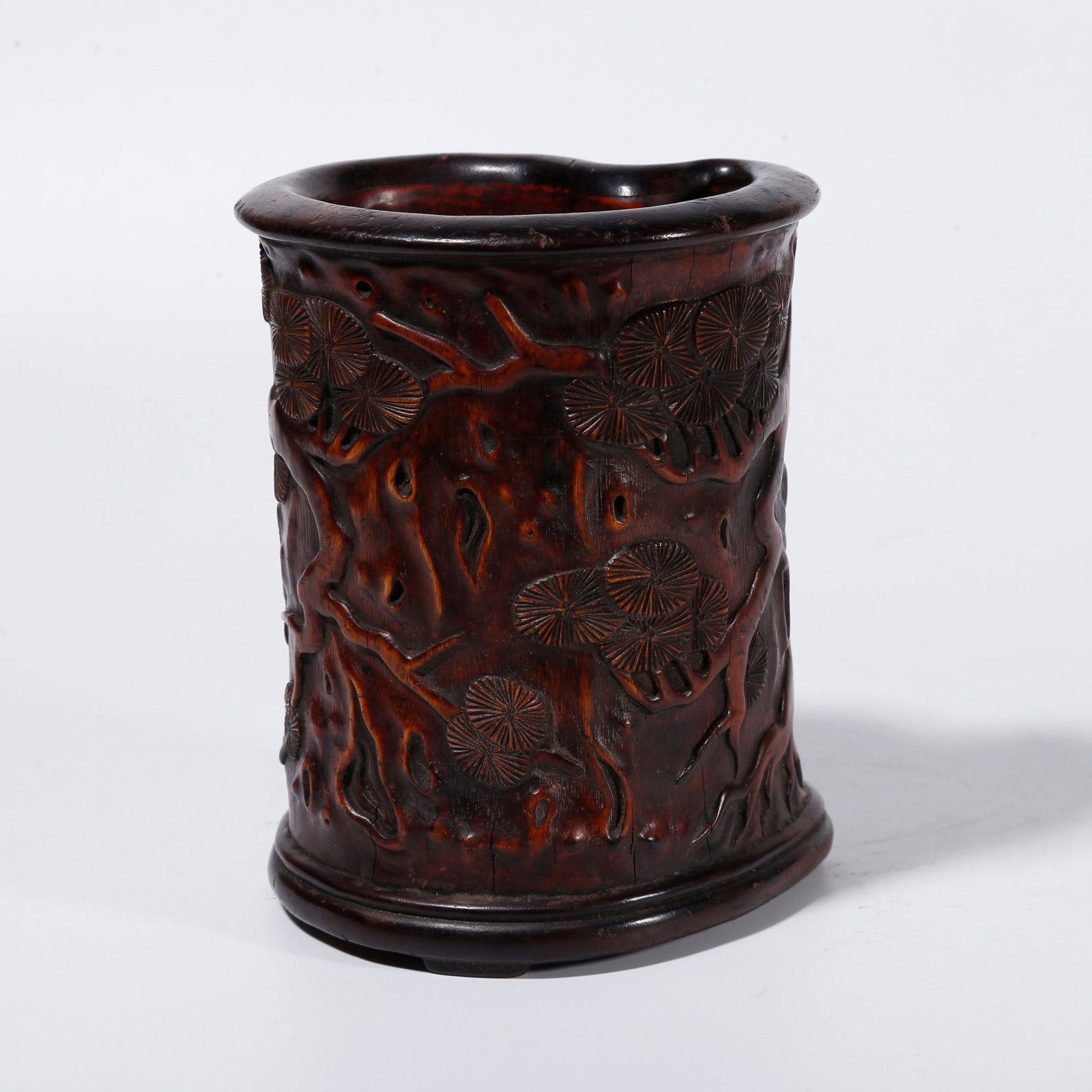 A BAMBOO BRUSH POT CARVED WITH PINE AND CRANES SYMBOLIZING LONGEVITY: Bamboo Brush Pot Carved with Pine and Cranes Symbolizing Longevity
