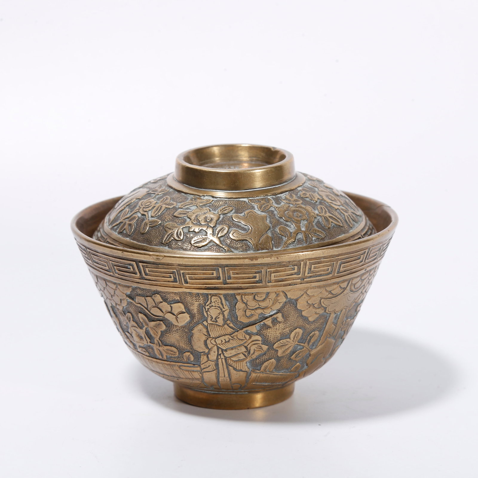 A BRONZE COVERED CUP WITH NARRATIVE FIGURE PATTERN: Bronze Covered Cup with Narrative Figure Pattern