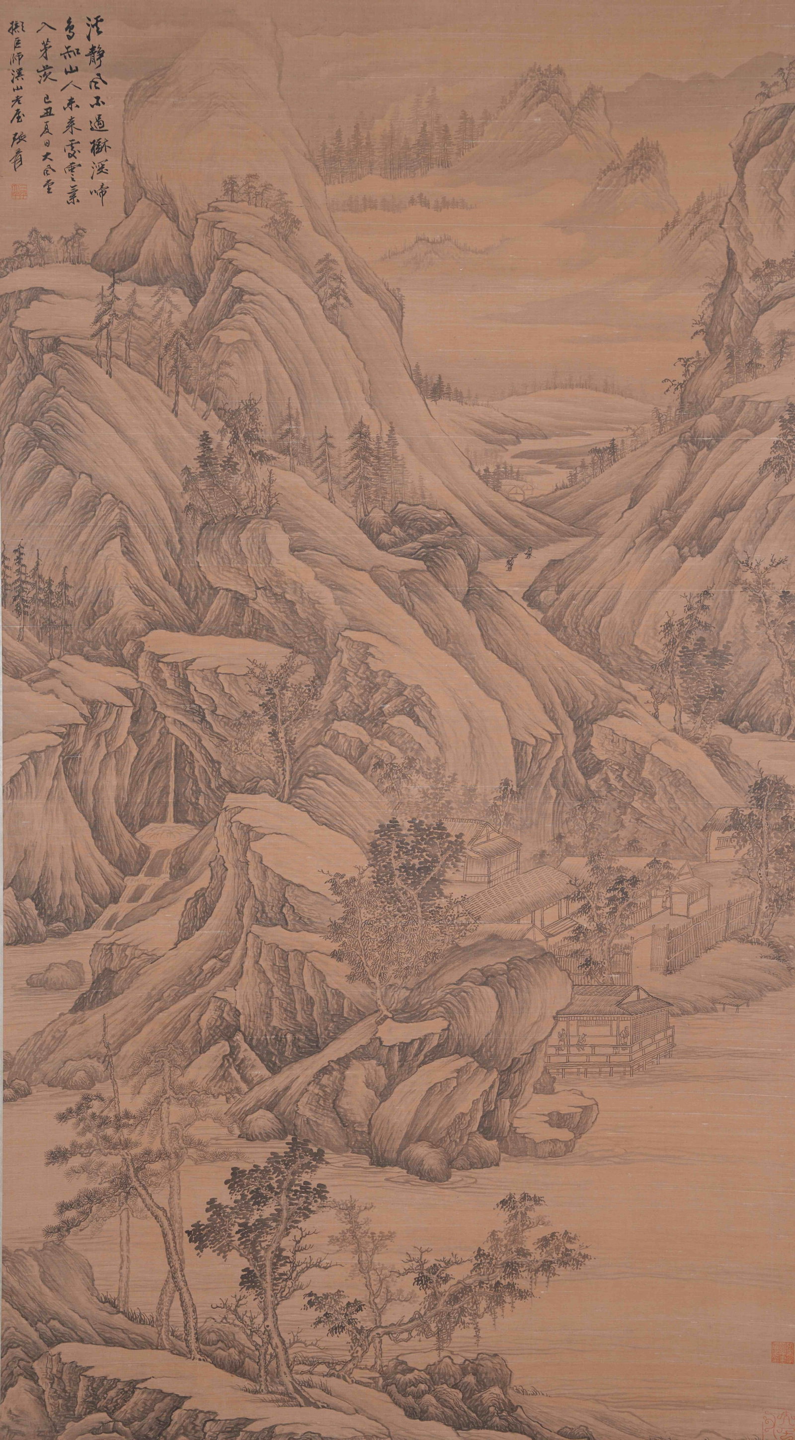A LANDSCAPE PAINTING ON SILK BY ZHANG DAQIAN.張大千: Landscape Painting on Silk by Zhang Daqian.張大千